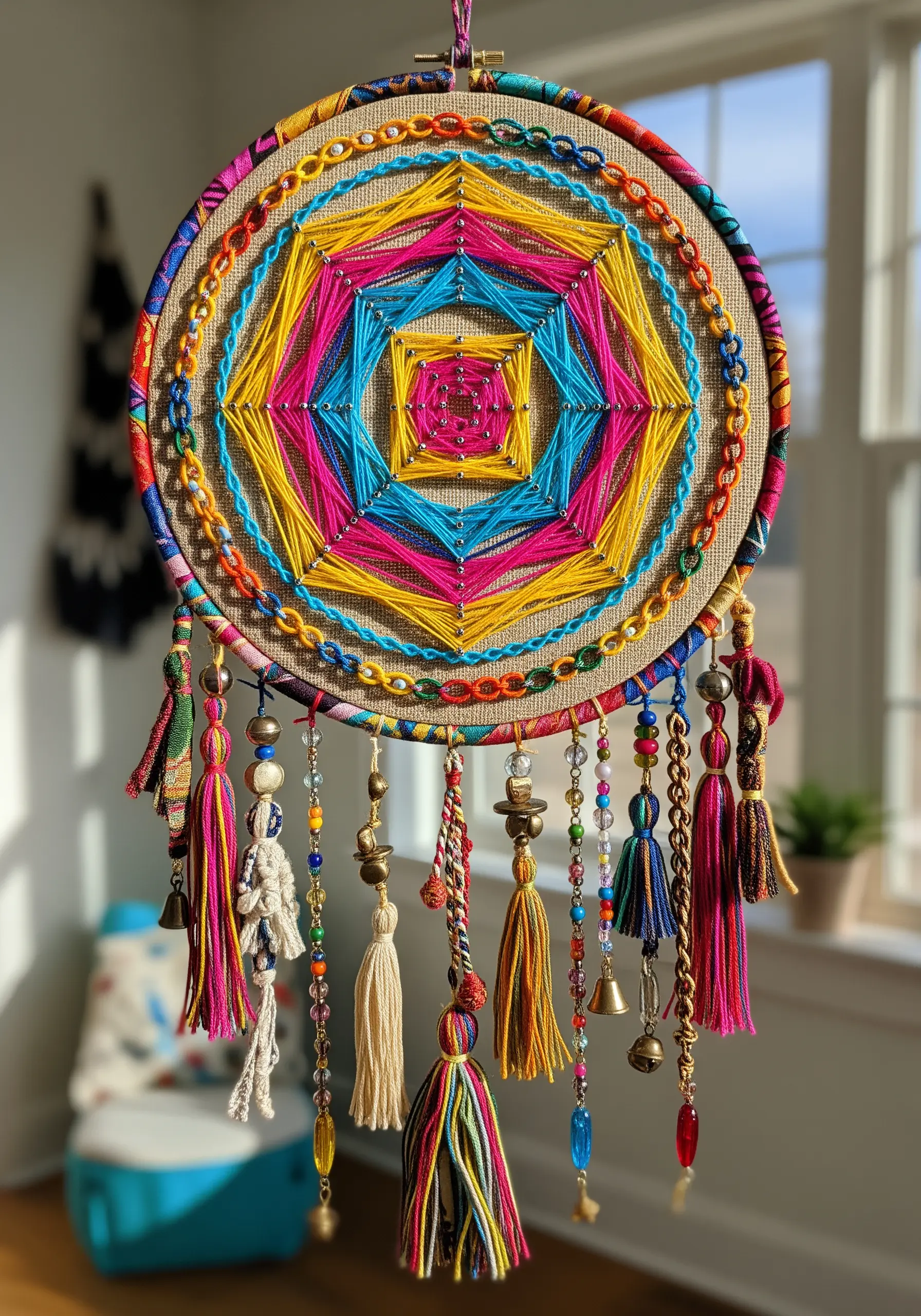 Vibrant, geometric string art mandala in hot pink, yellow, and blue hues.
