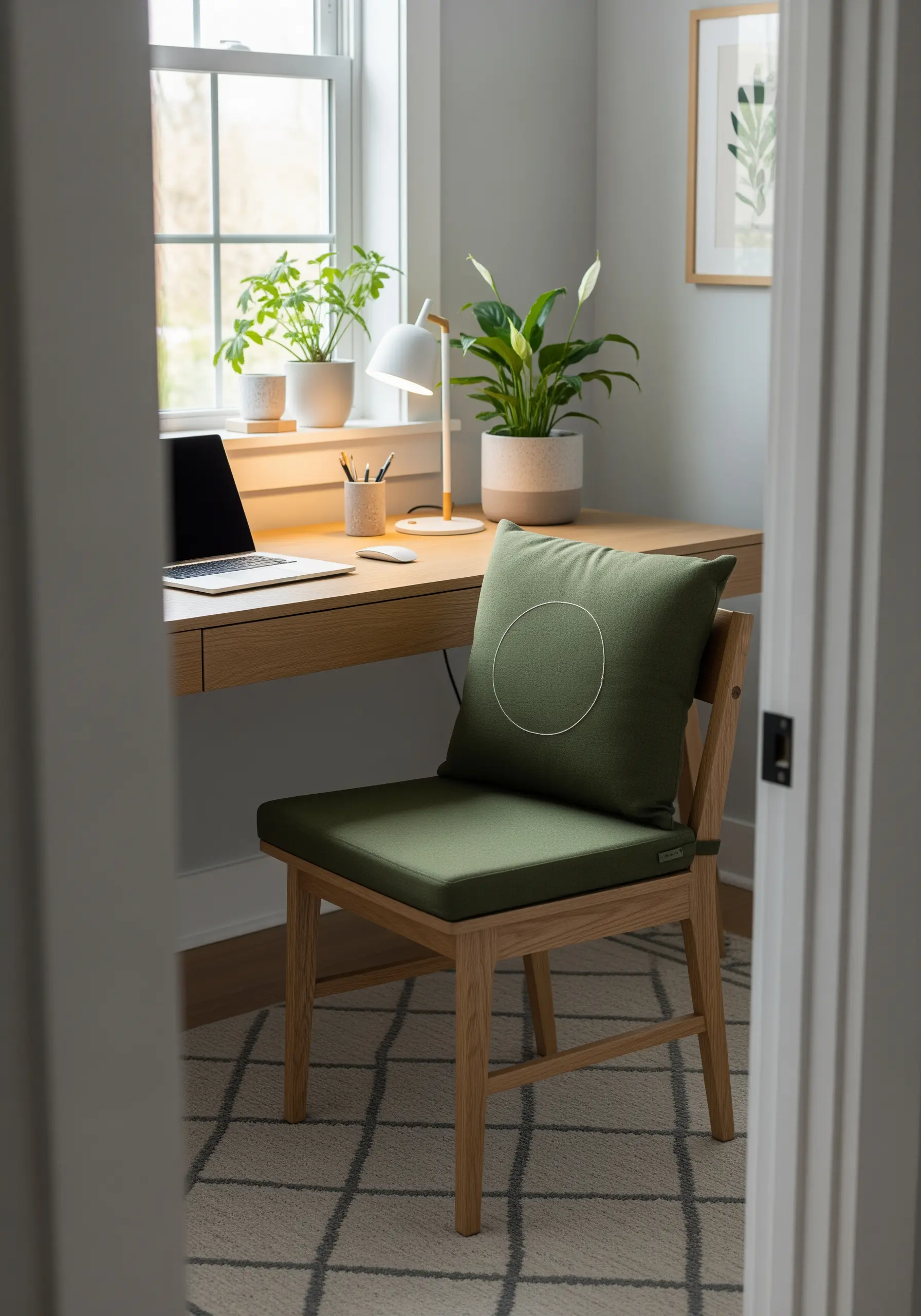 A single, thin white circle embroidered on the center of a dark green chair cushion.