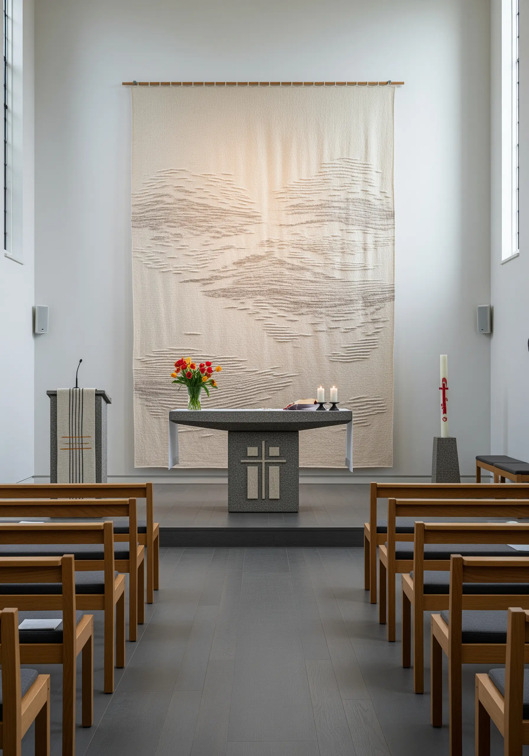 A large, minimalist woven tapestry in neutral off-white tones hanging in a modern church.