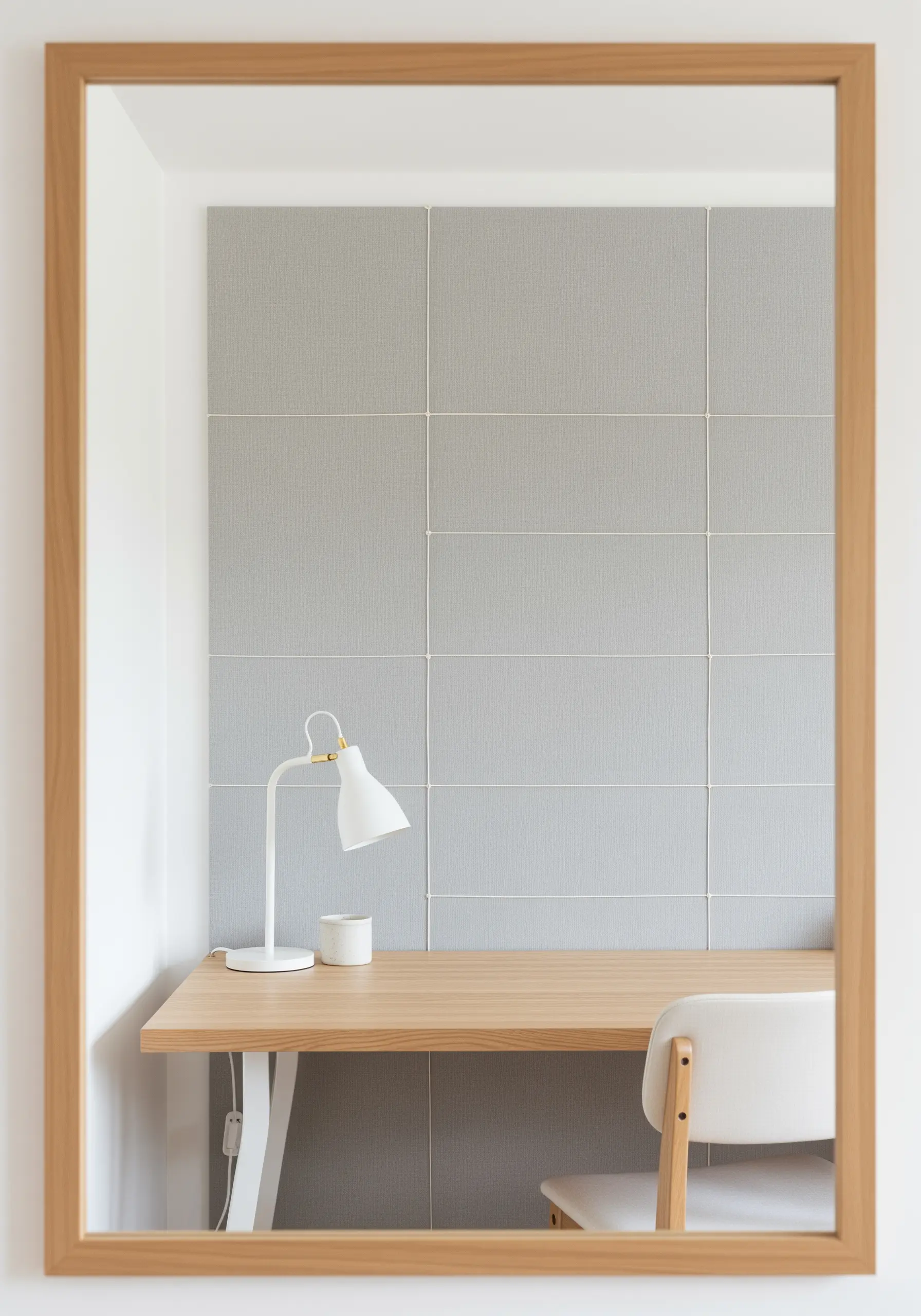 A grid of faint white running stitches on gray fabric panels behind a desk.