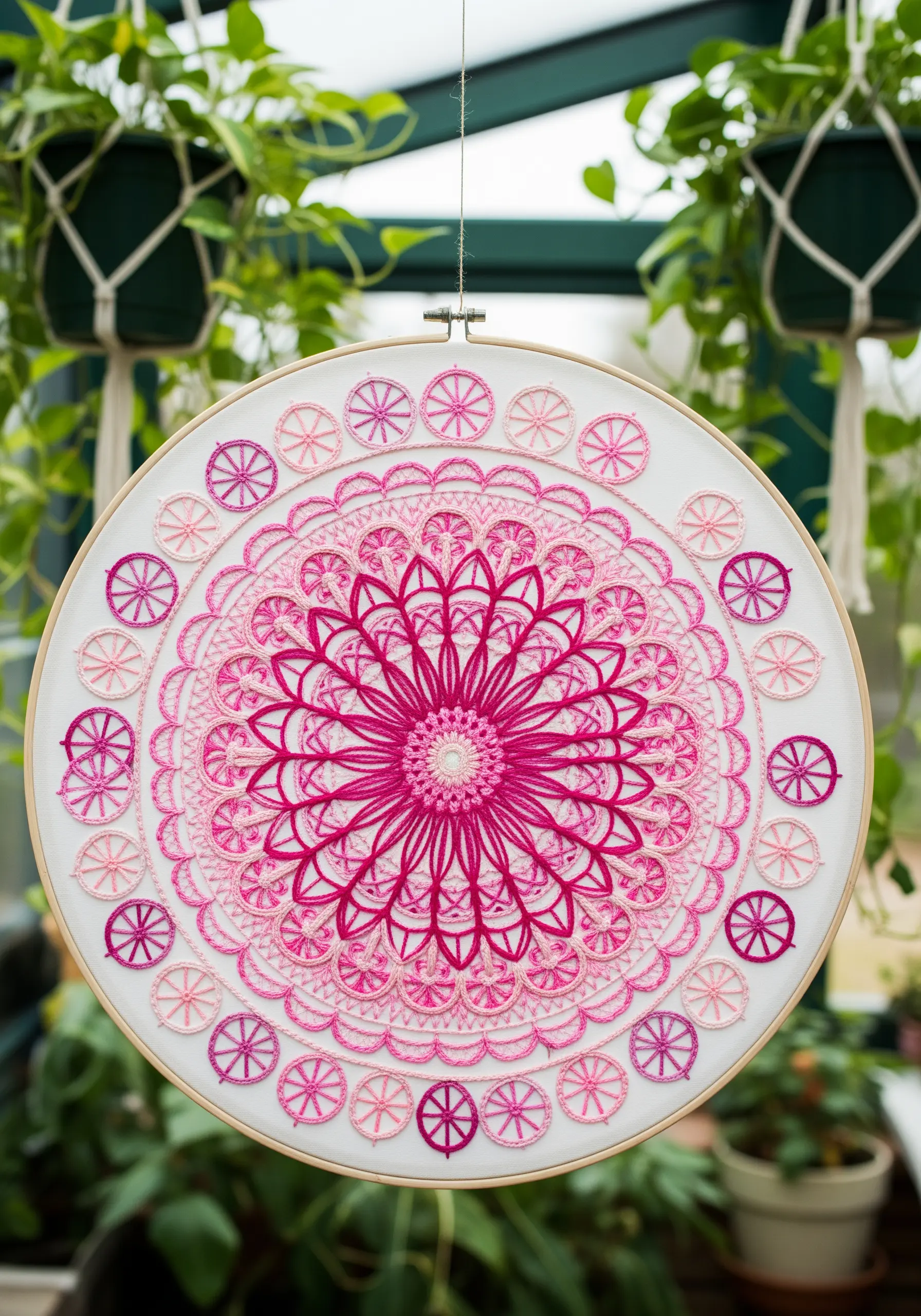 An intricate pink mandala embroidered in a hoop, with colors fading from dark to light.