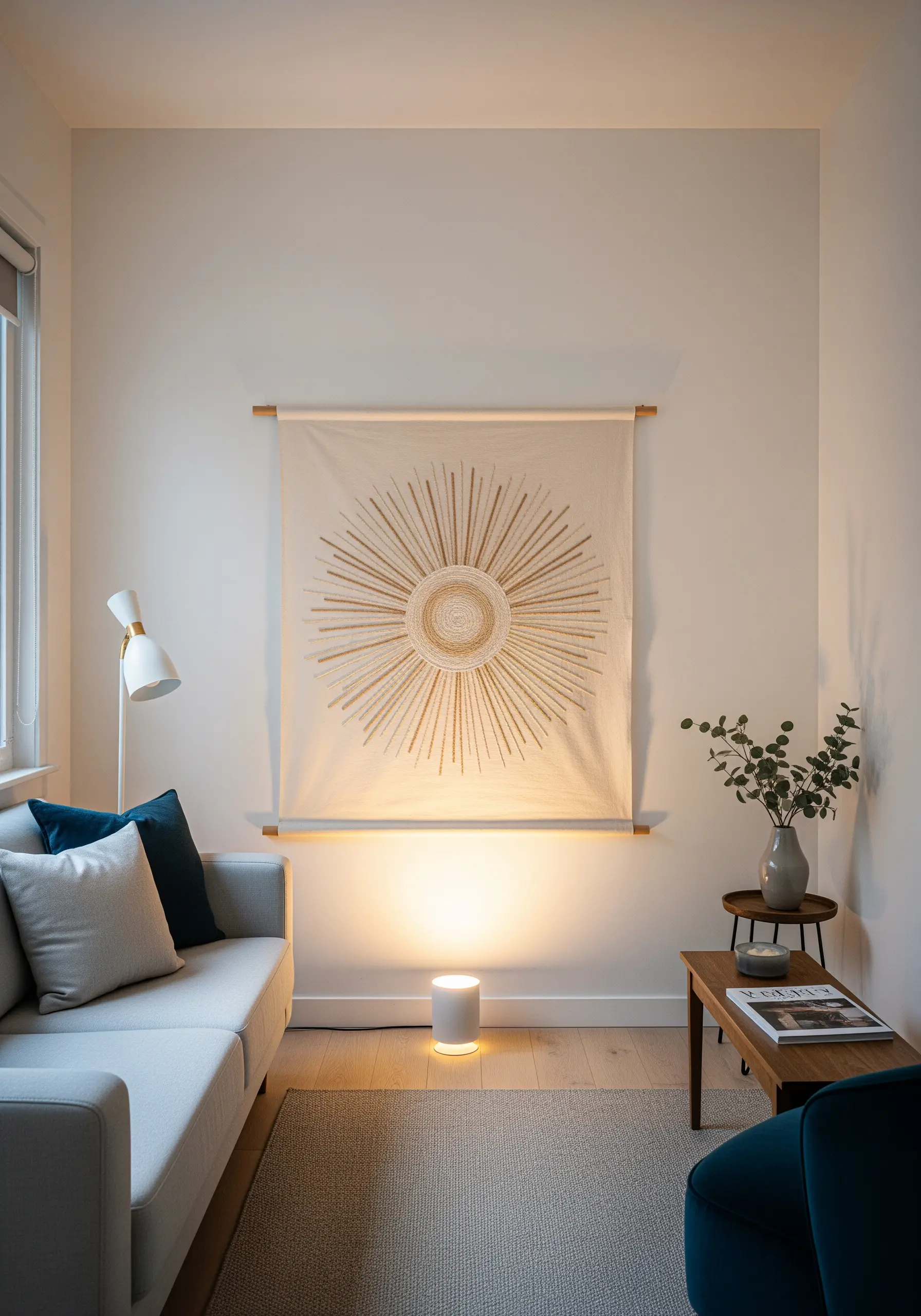 A large wall hanging featuring a sunburst design embroidered with gold and neutral threads.