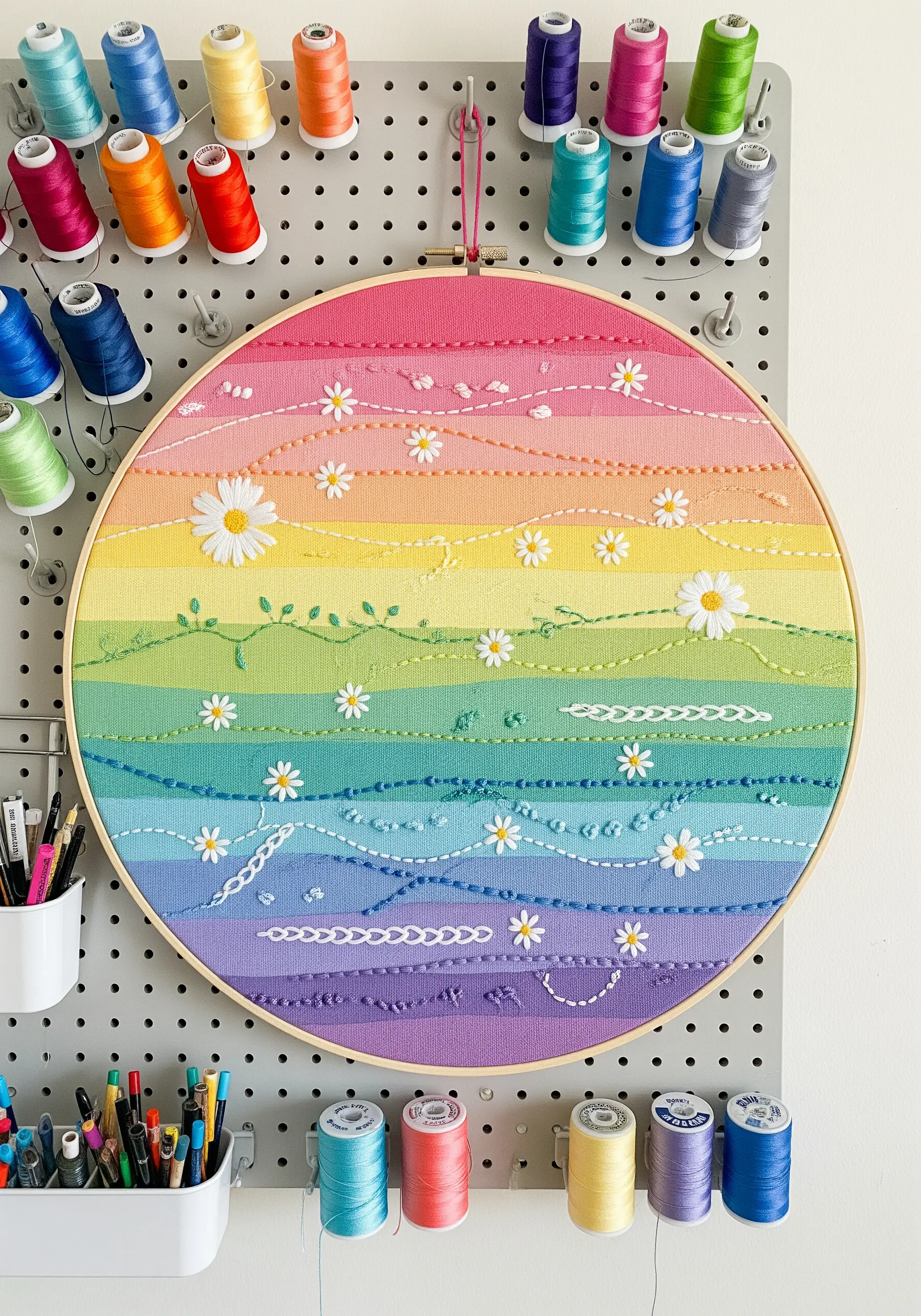 Rainbow gradient hoop with various decorative stitches and small daisies embroidered in each color band.