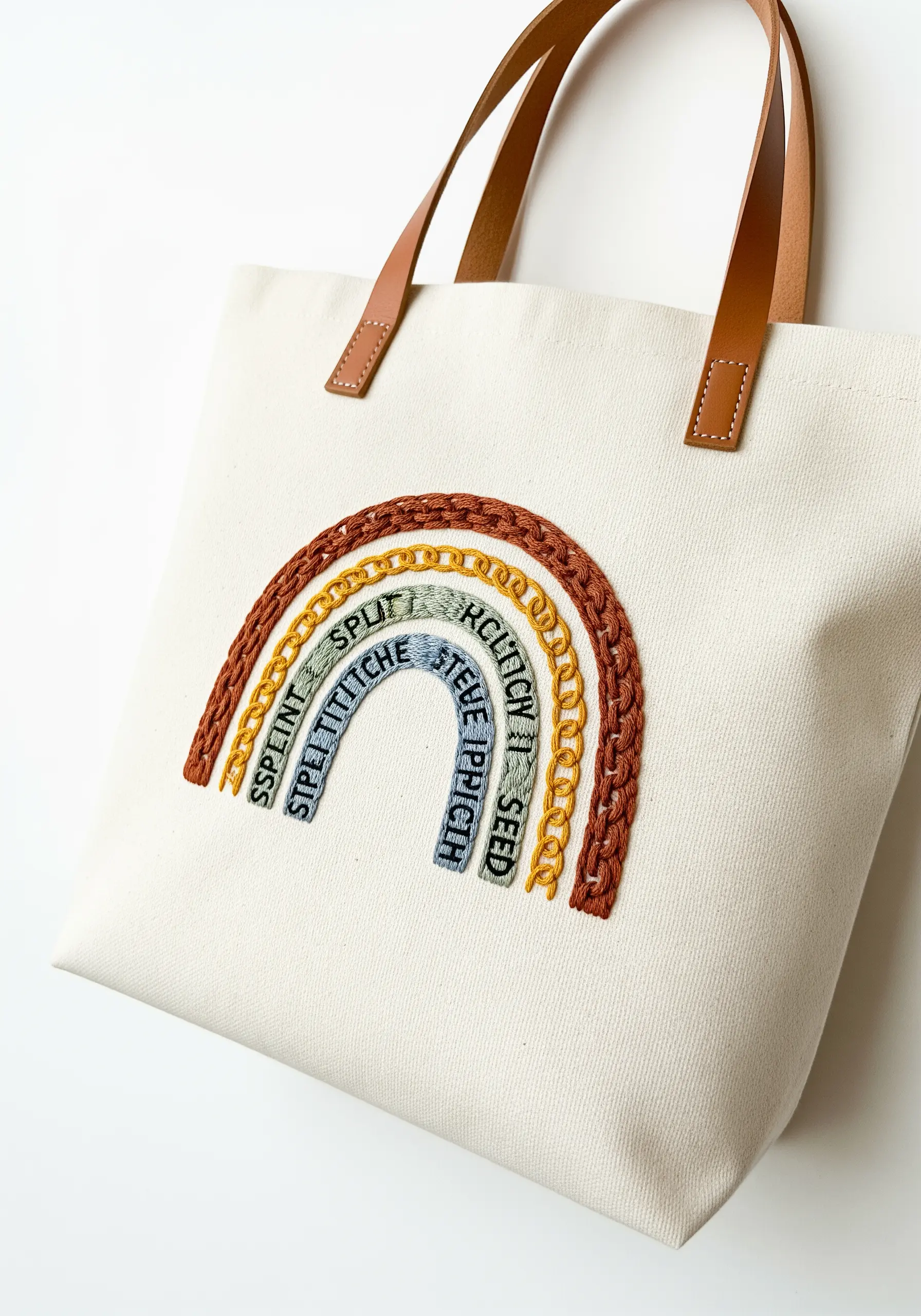 A rainbow embroidered with different types of textured stitches on a canvas tote.