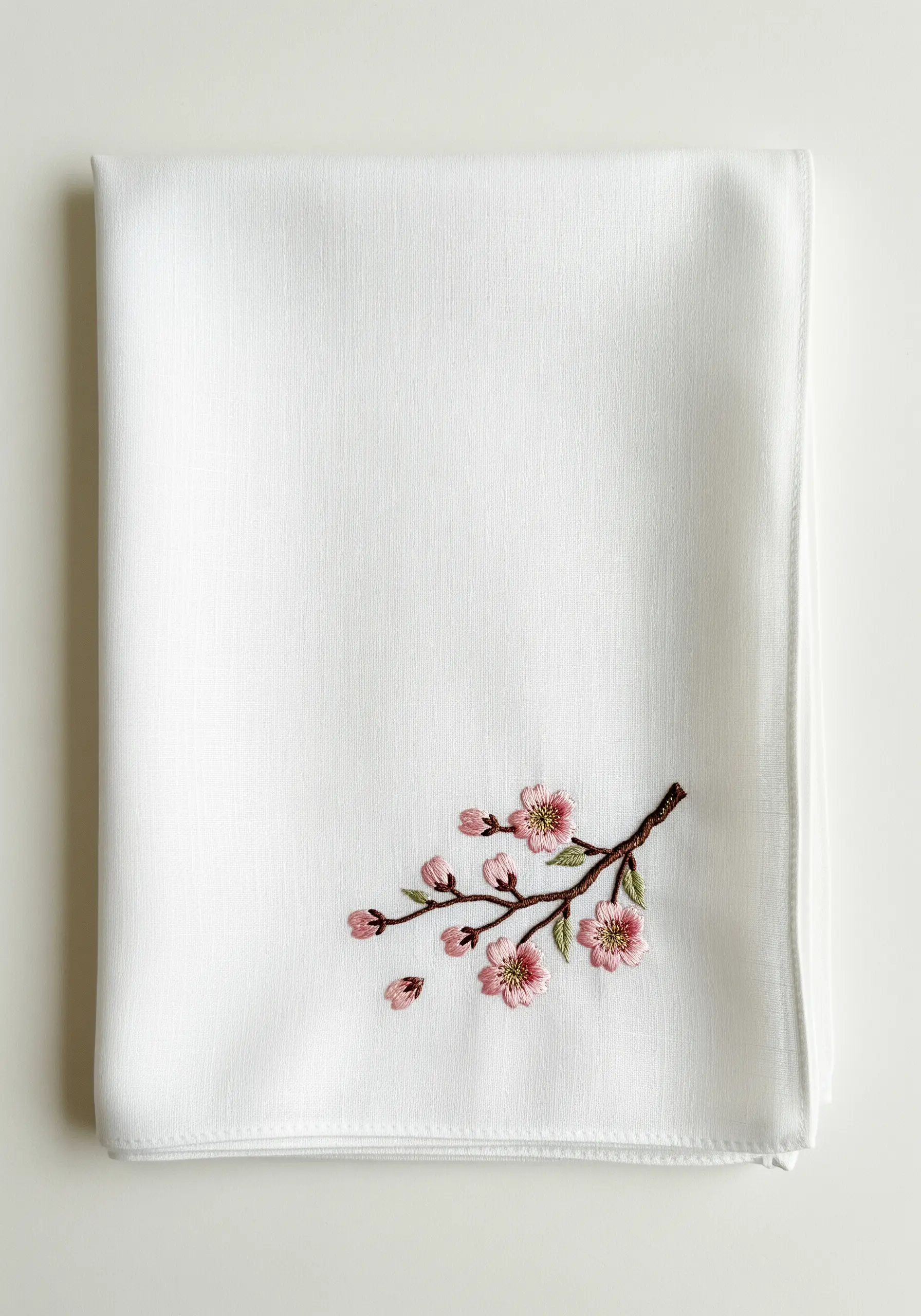 A single, delicate cherry blossom branch embroidered on the corner of a white linen napkin.