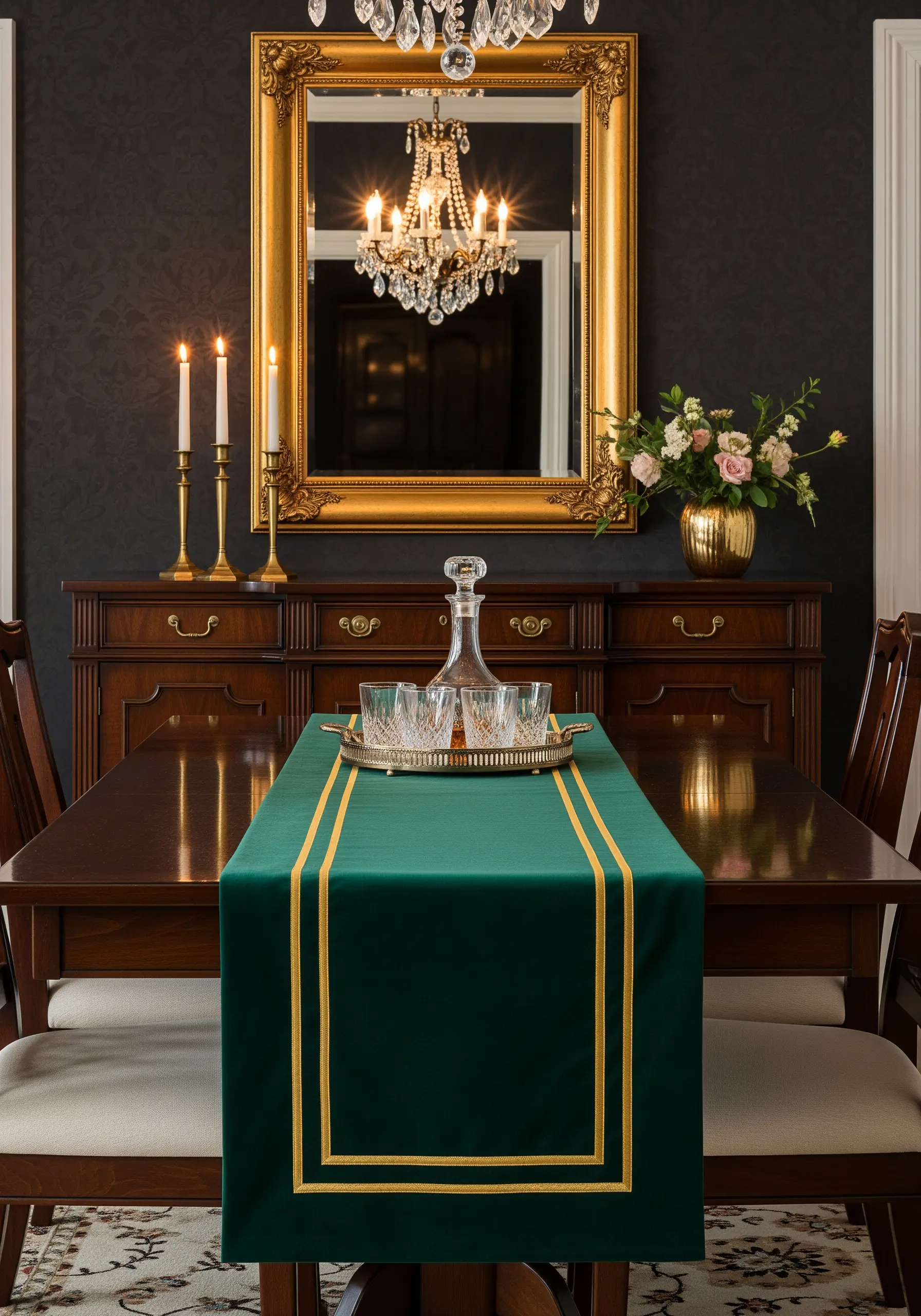 An emerald green table runner with a tailored double border stitched in gold thread.