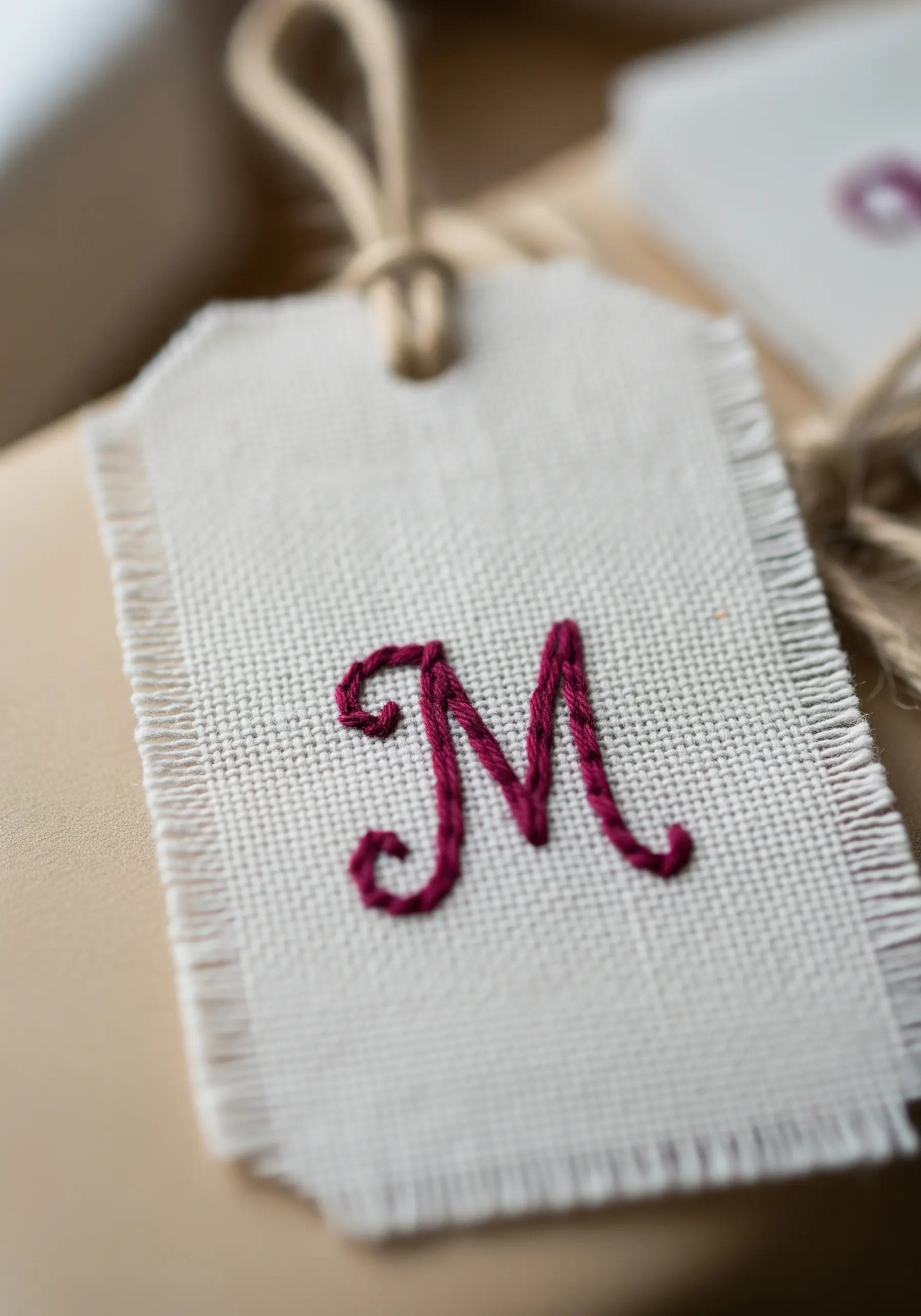 Embroidered burgundy 'M' monogram on a frayed linen gift tag.