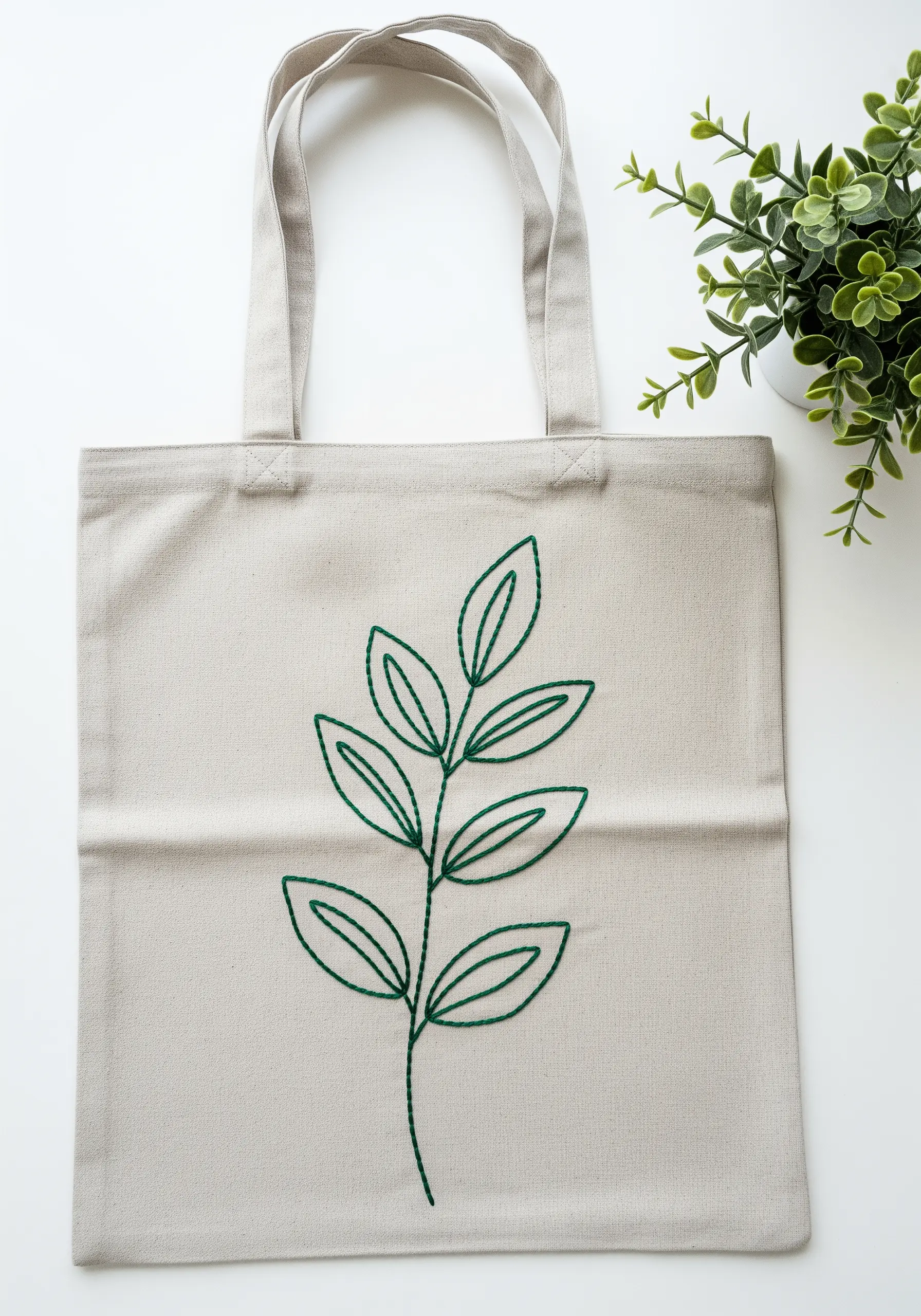 A simple botanical leaf branch outlined in green thread on a canvas tote bag.