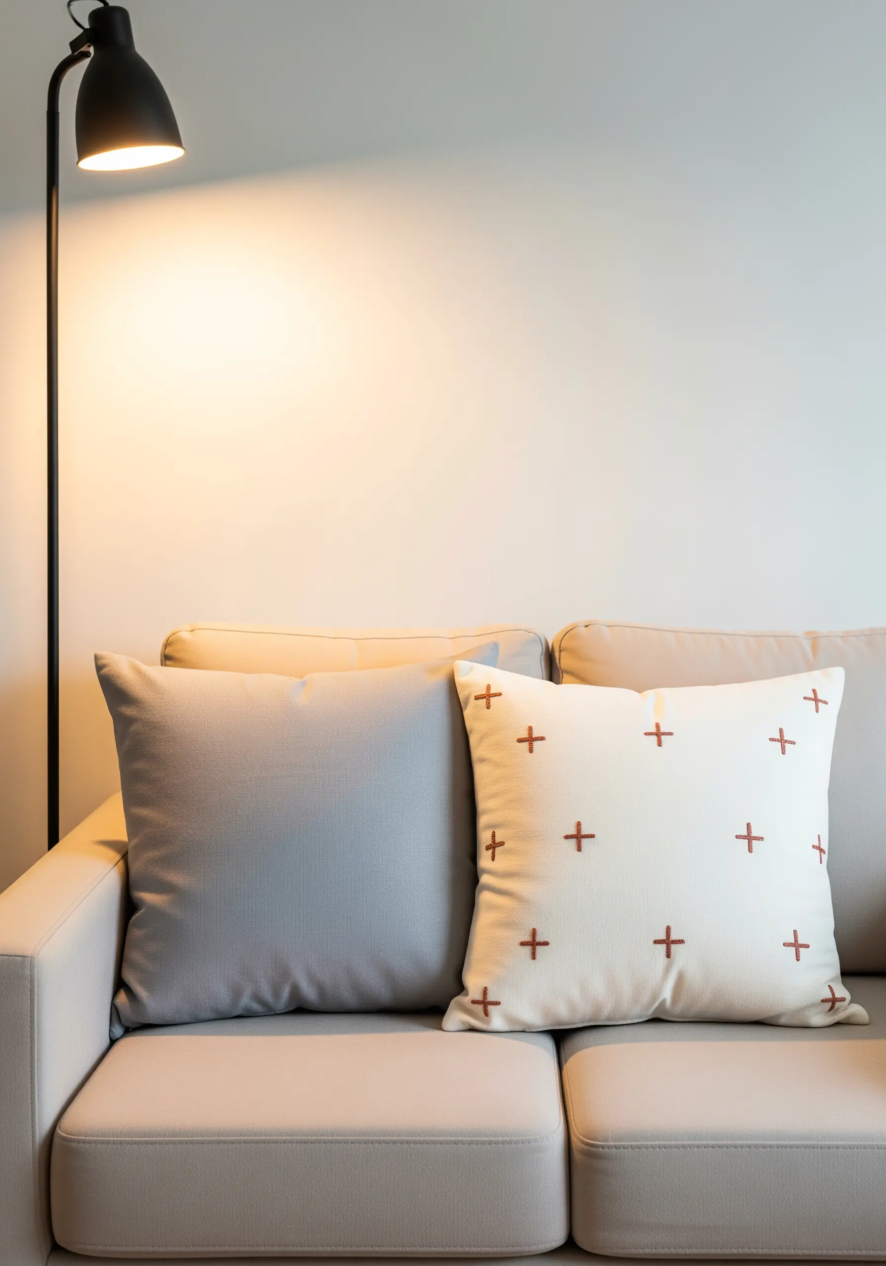 A cream-colored cushion with a repeating pattern of small, rust-colored cross stitches.