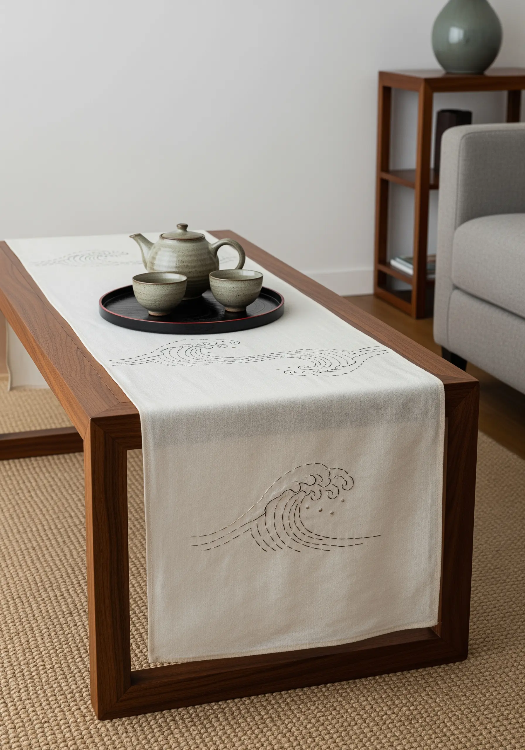 A white table runner with a Japanese-style wave pattern in Sashiko-style running stitch.