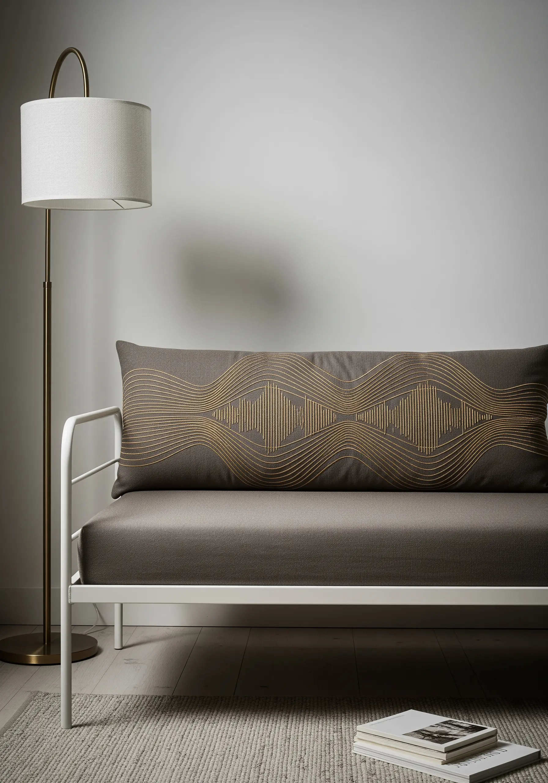 Abstract gold soundwave pattern embroidered on a long grey cushion.
