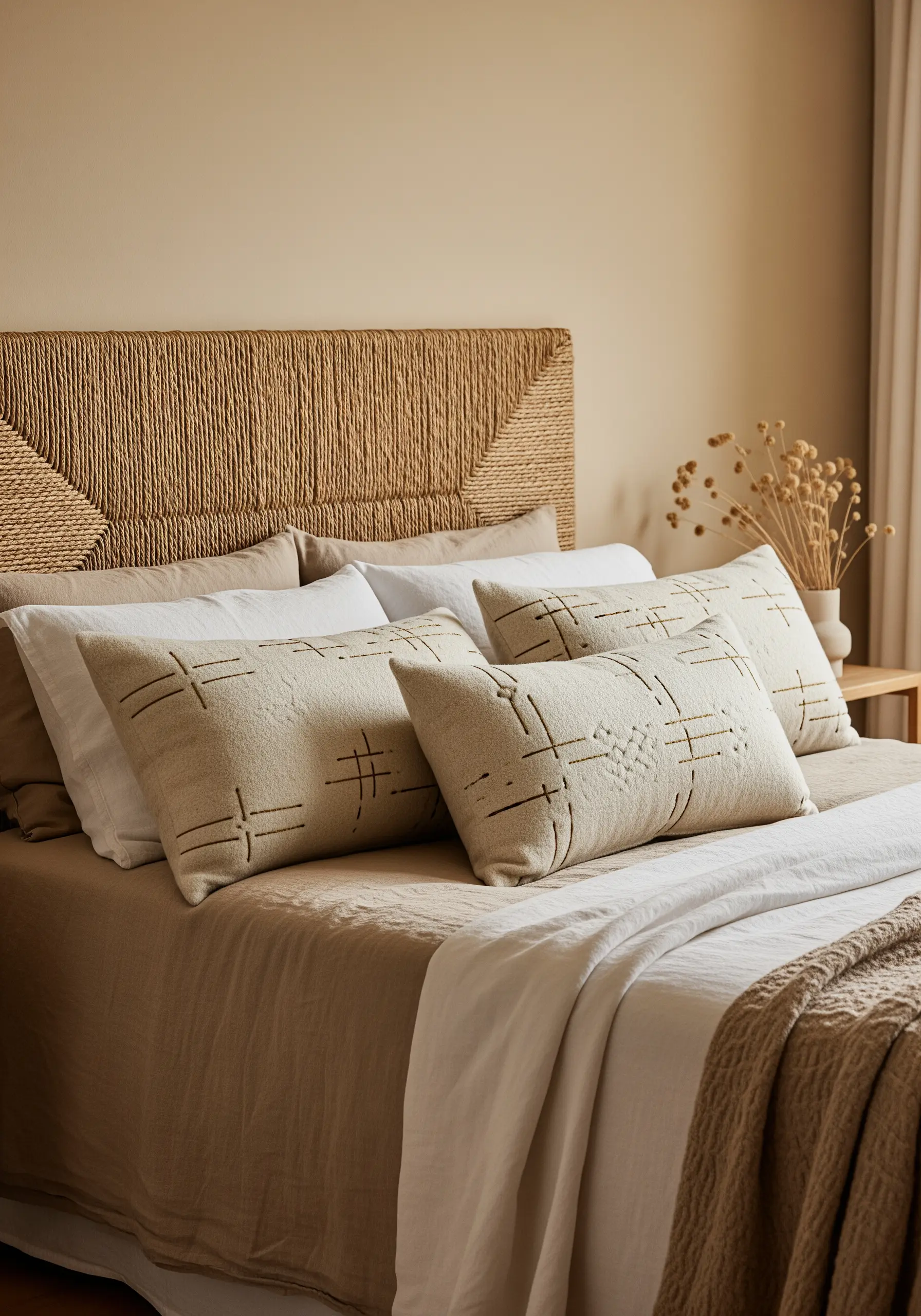 Brown thread mudcloth-inspired patterns on a rustic, textured cushion.