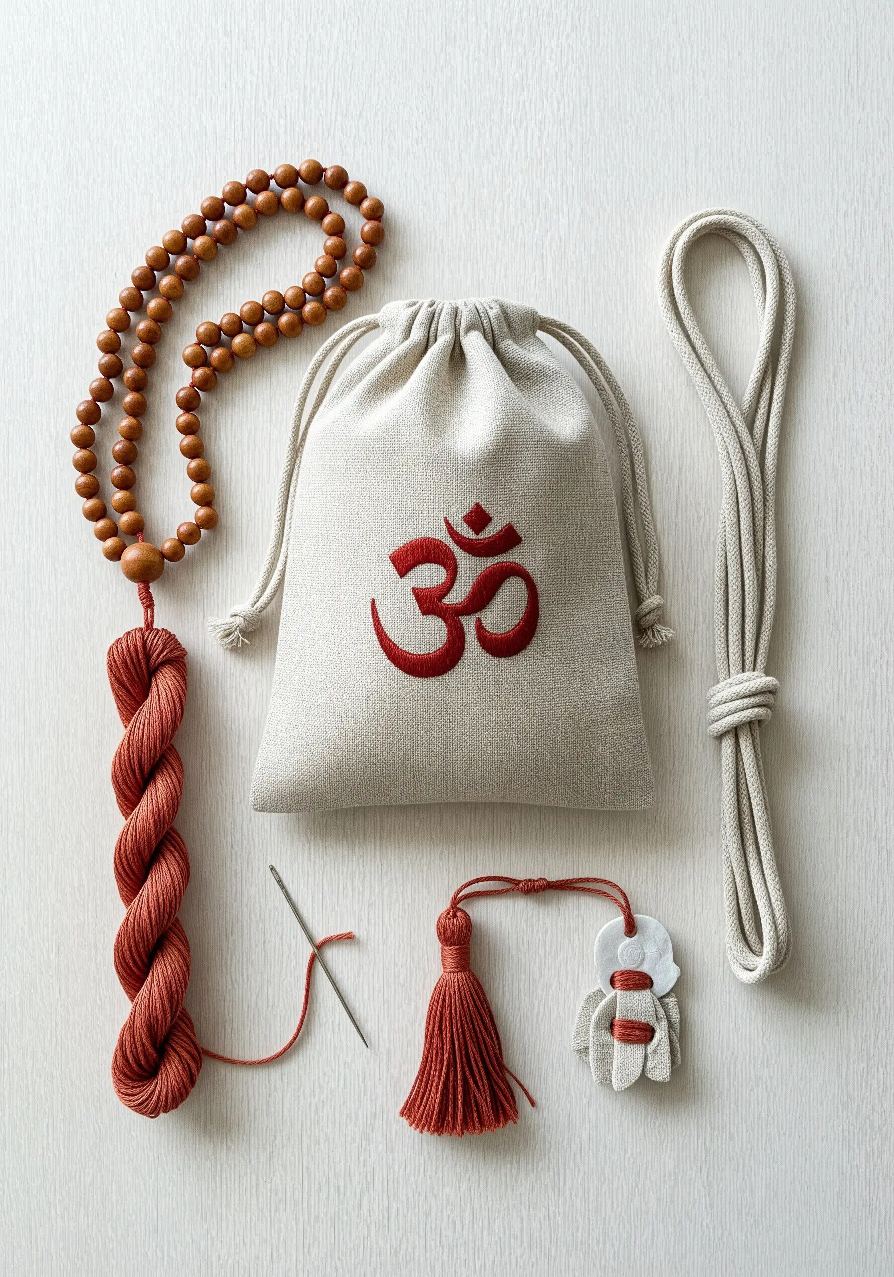 A linen drawstring bag with a bold, red embroidered Om symbol using padded satin stitch.