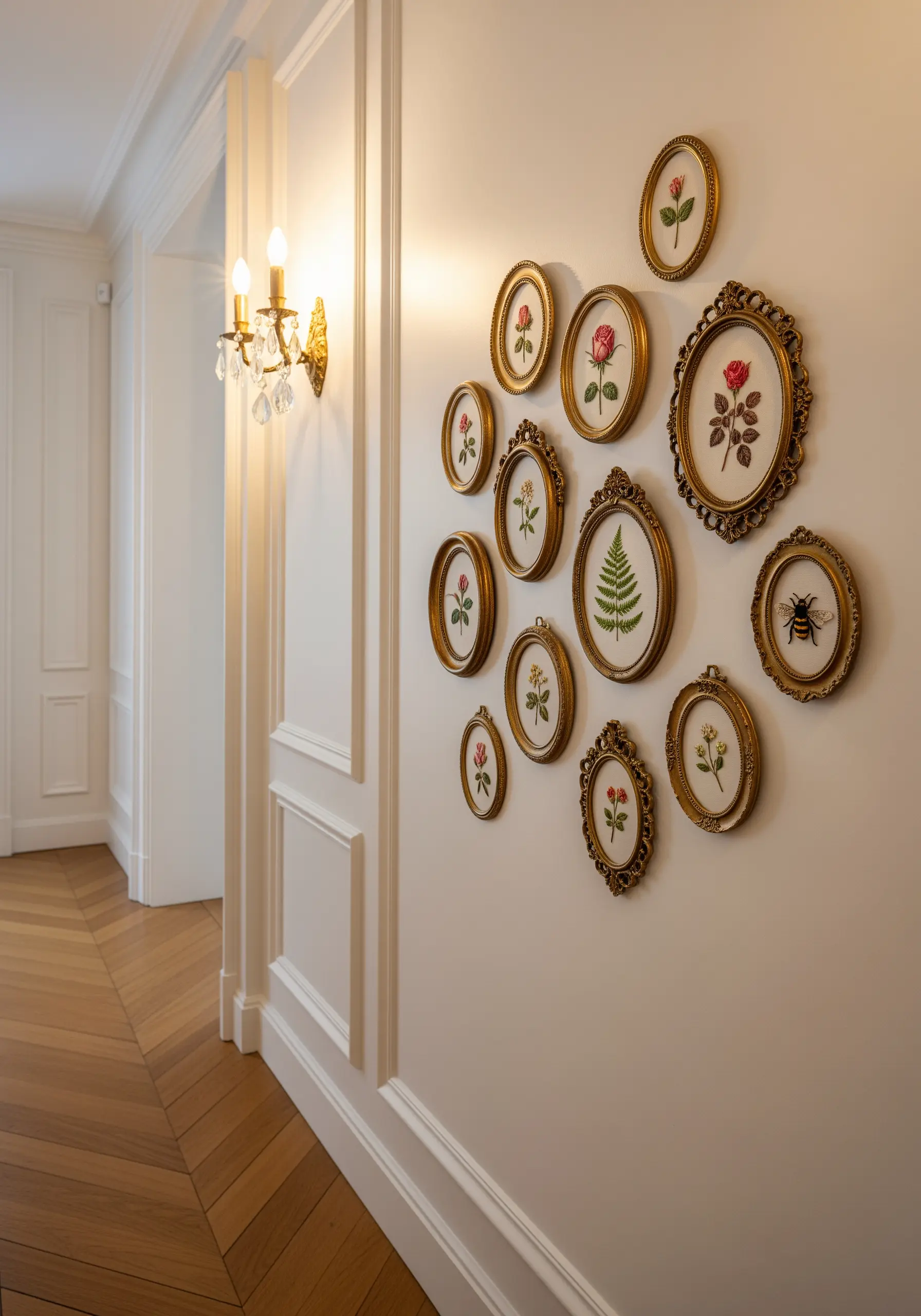 A gallery wall of small, vintage-framed floral and insect embroidery in a classic hallway.