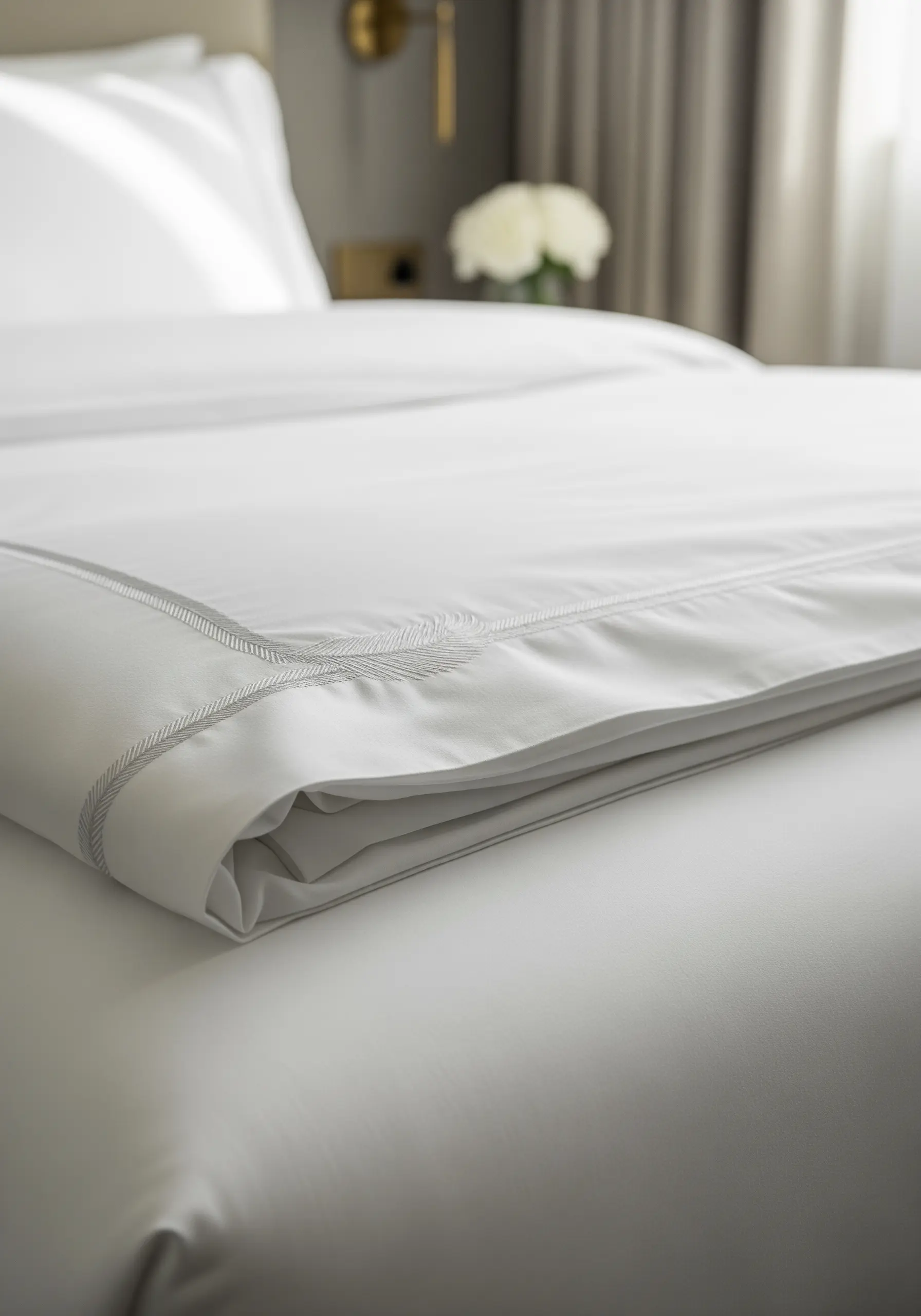 A smooth, wide satin stitch border in grey thread on crisp white hotel-style bedding.