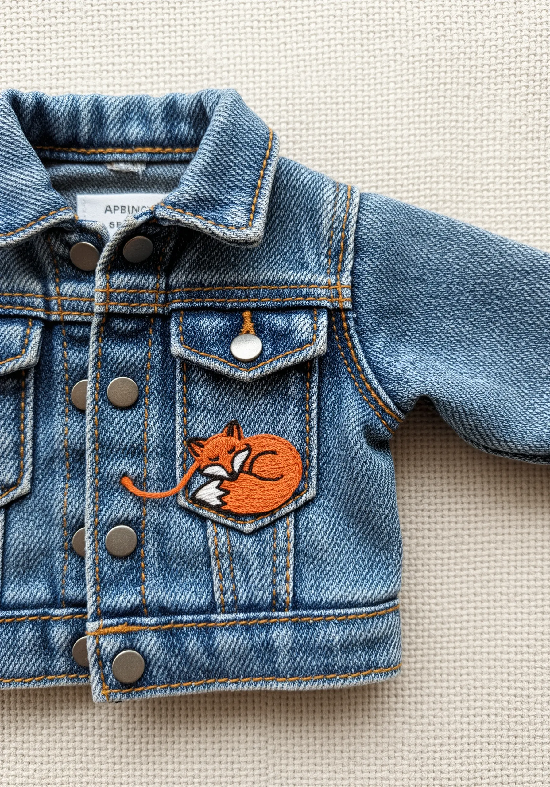 Embroidered sleeping fox patch with satin stitch on a child's denim jacket.
