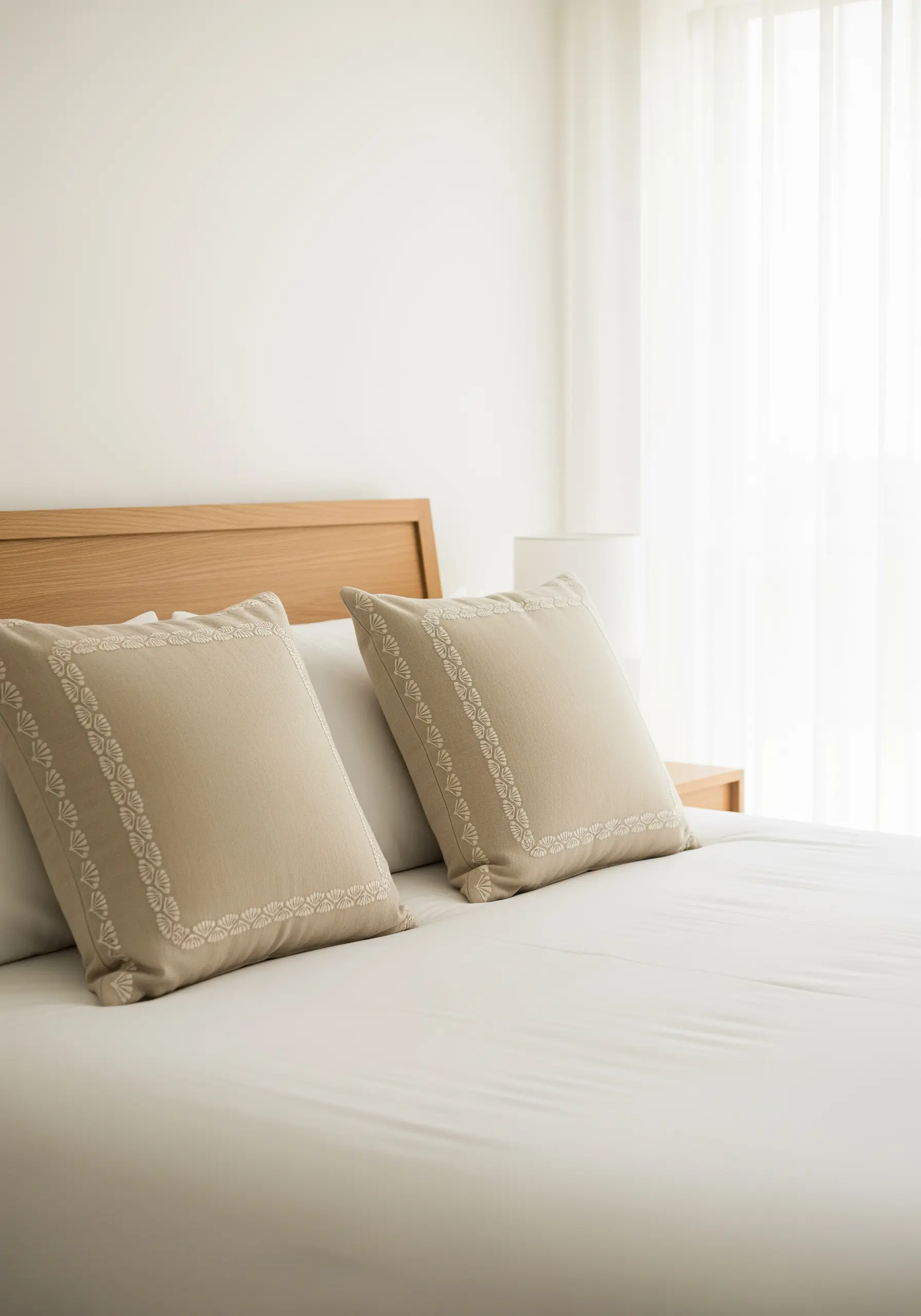 Tone-on-tone fan-shaped border stitched on a beige cushion.
