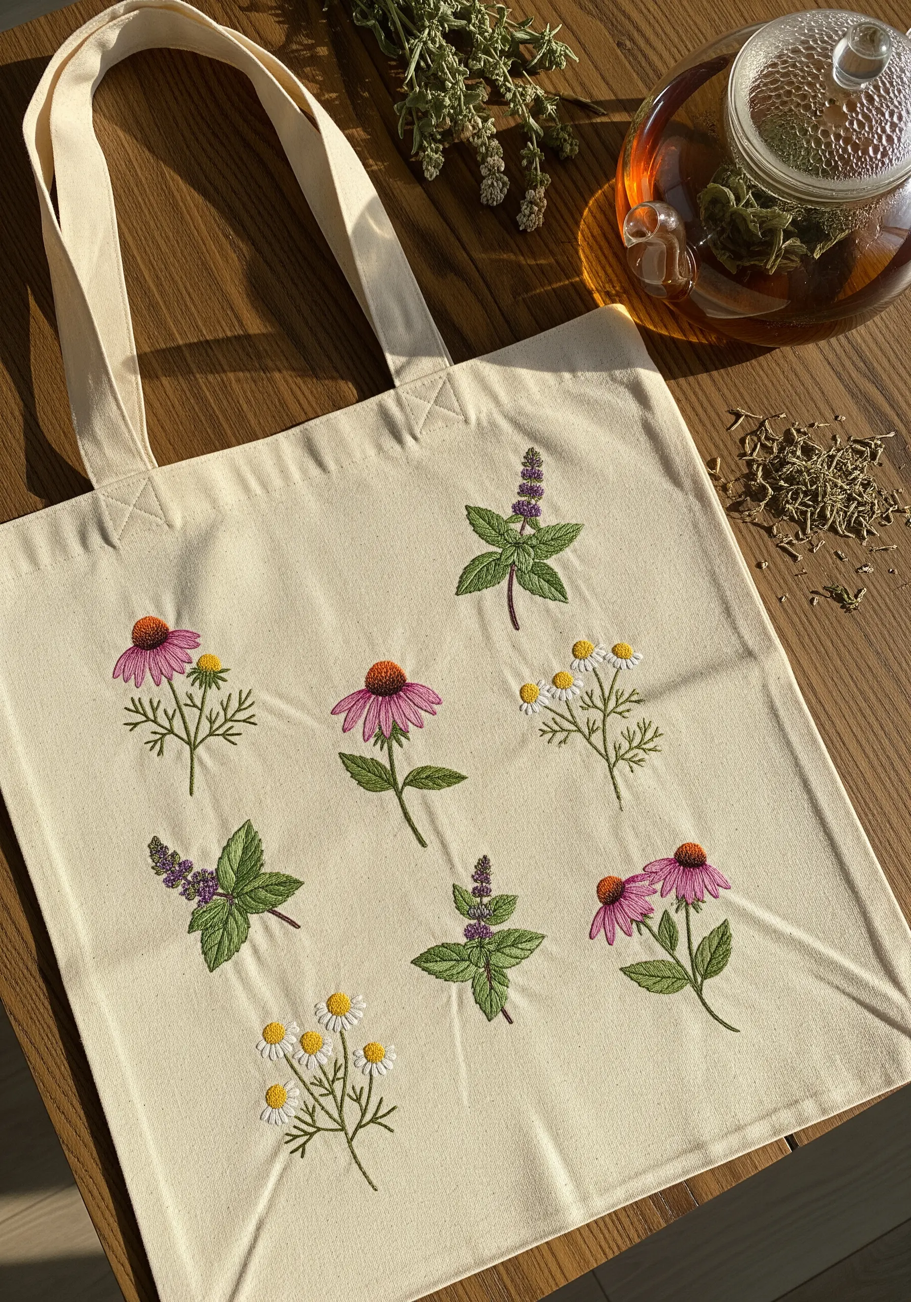 Scattered embroidered herbs including chamomile and echinacea on a canvas tote.
