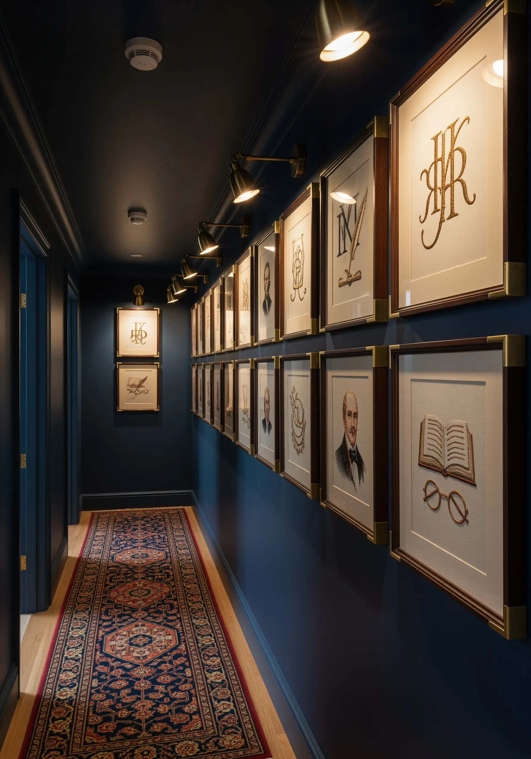 A long, dark blue hallway lined with framed embroideries of monograms and portraits.