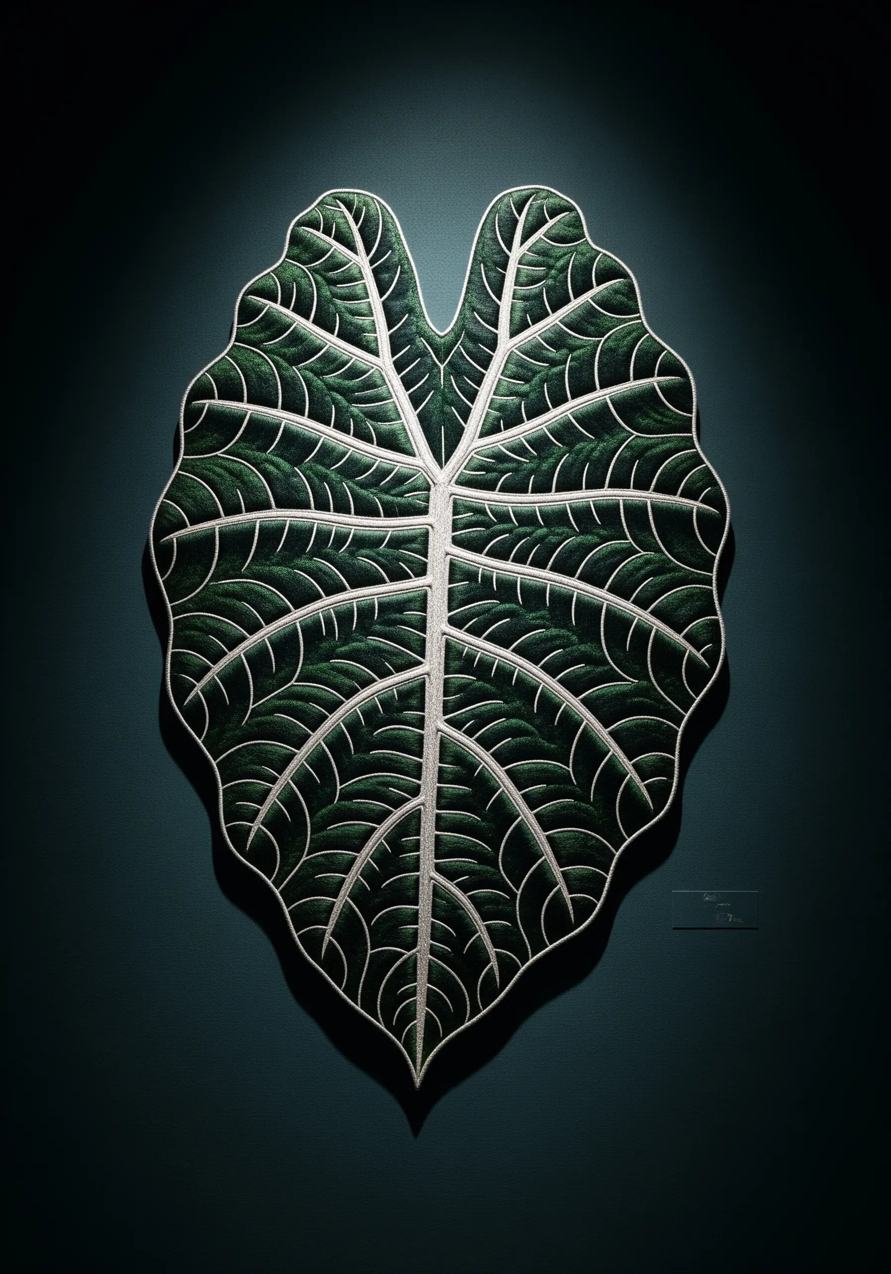 A large, dark green embroidered Alocasia leaf with prominent, clean white veins.