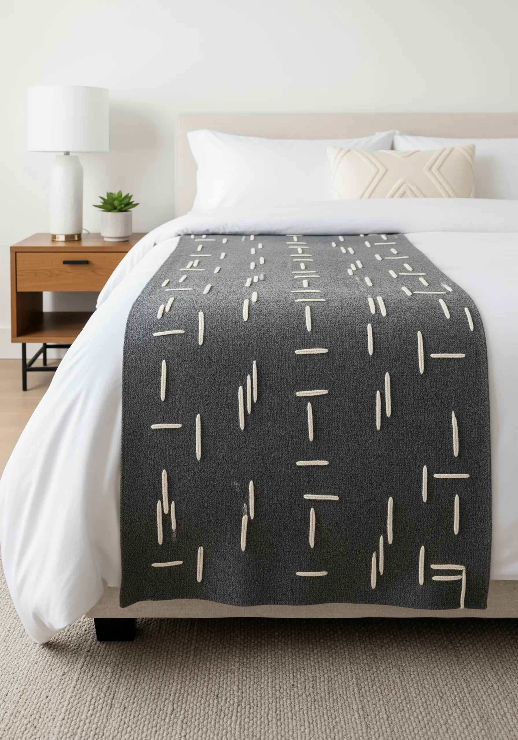 Thick, off-white yarn stitched in a pattern of dashes onto a dark grey bed runner.