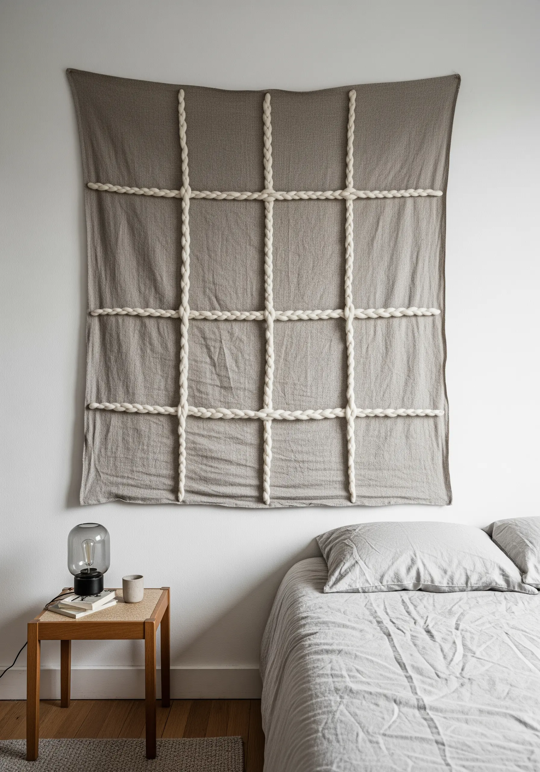 A large grey linen wall hanging with a grid made of thick, braided white yarn.