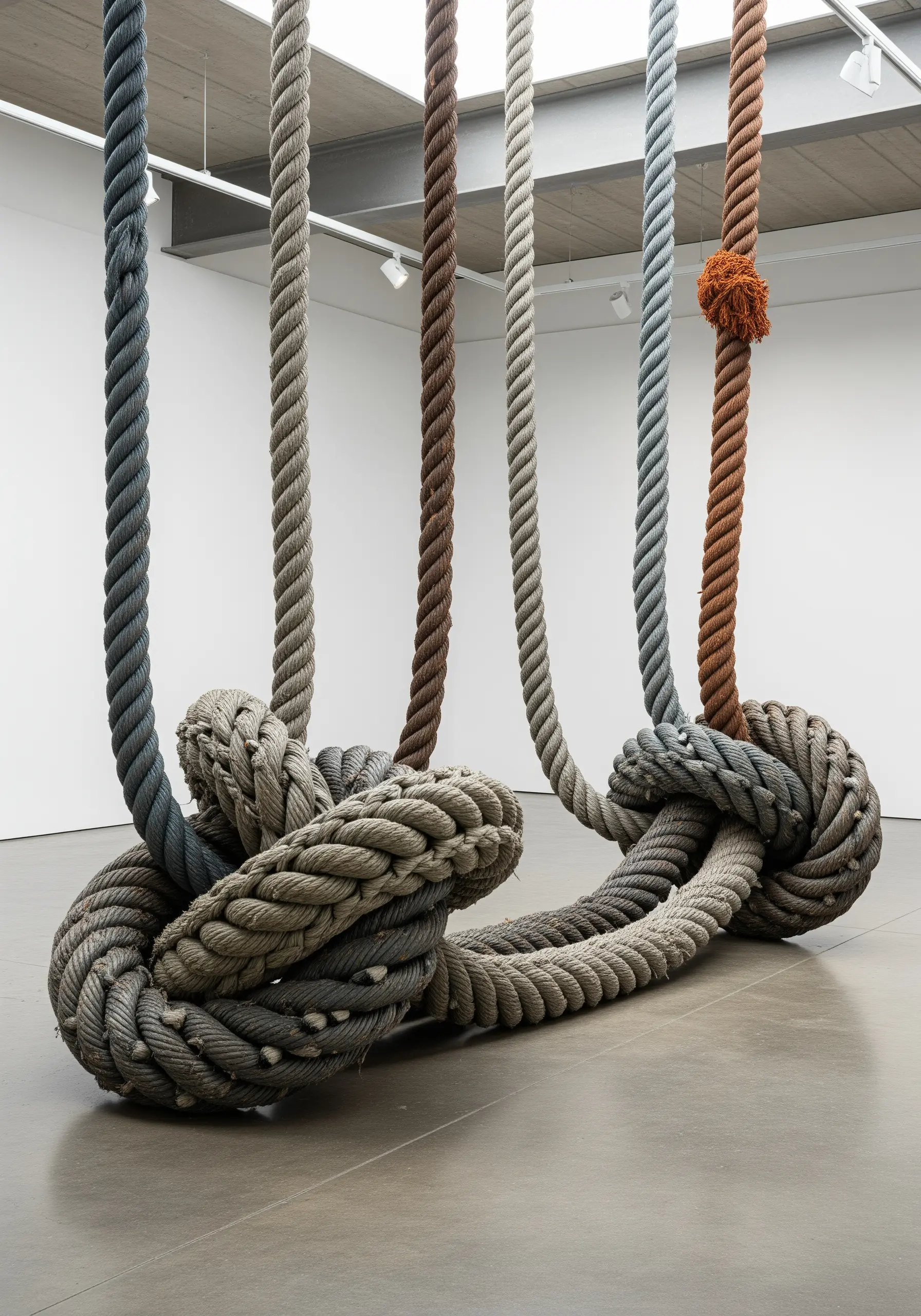Thick, heavy ropes in muted tones tied into a single, massive knot on a gallery floor.