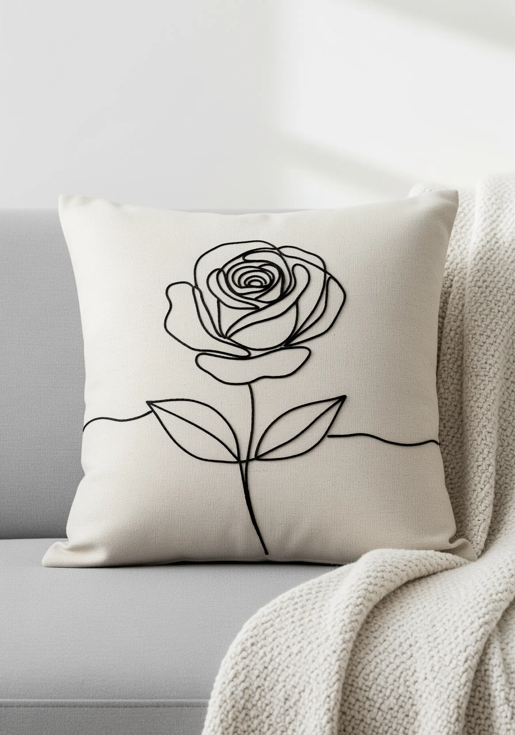 Black single-line rose embroidery on a neutral linen cushion.