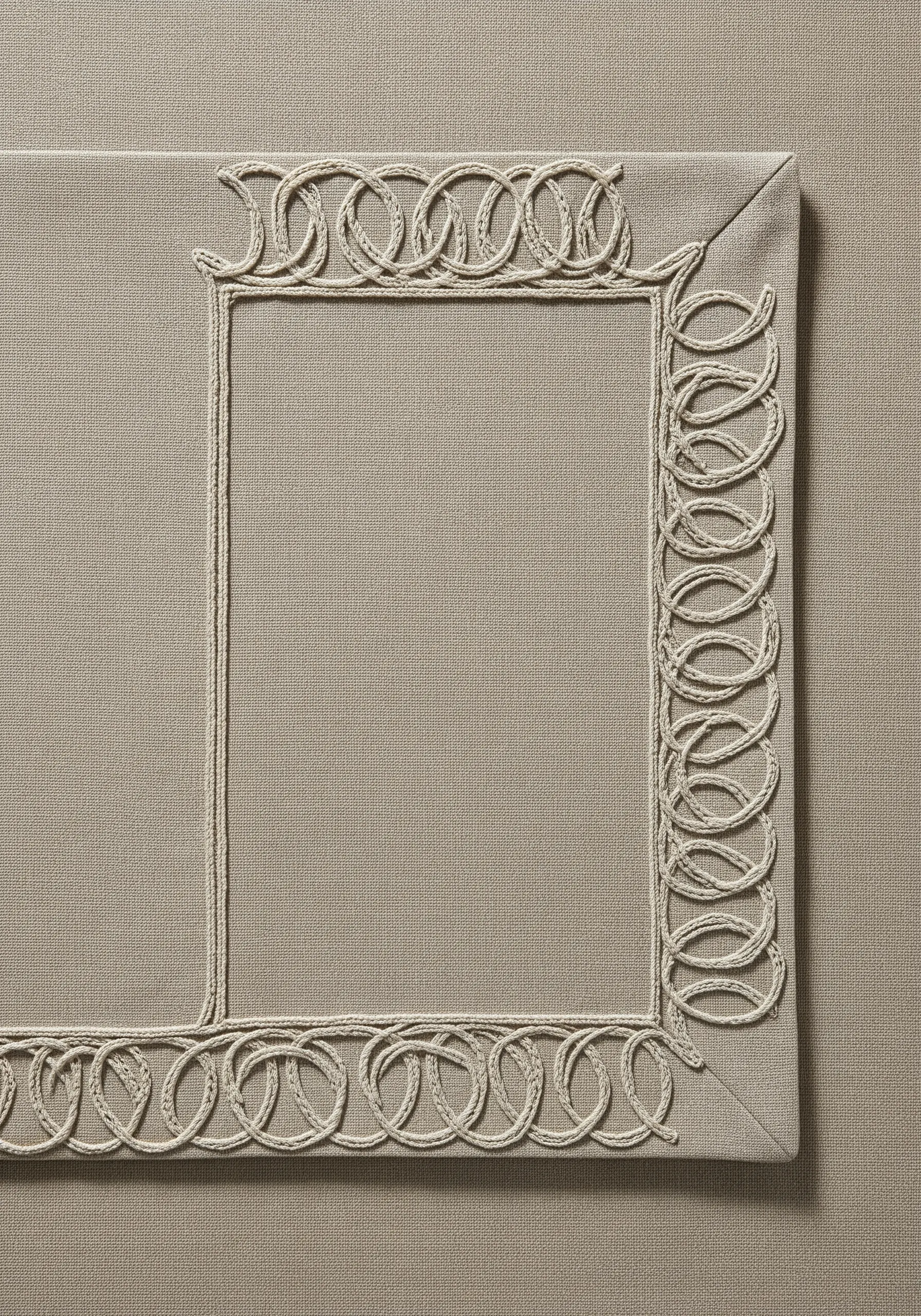 A detailed close-up of a textured, couched loop border on a neutral placemat.