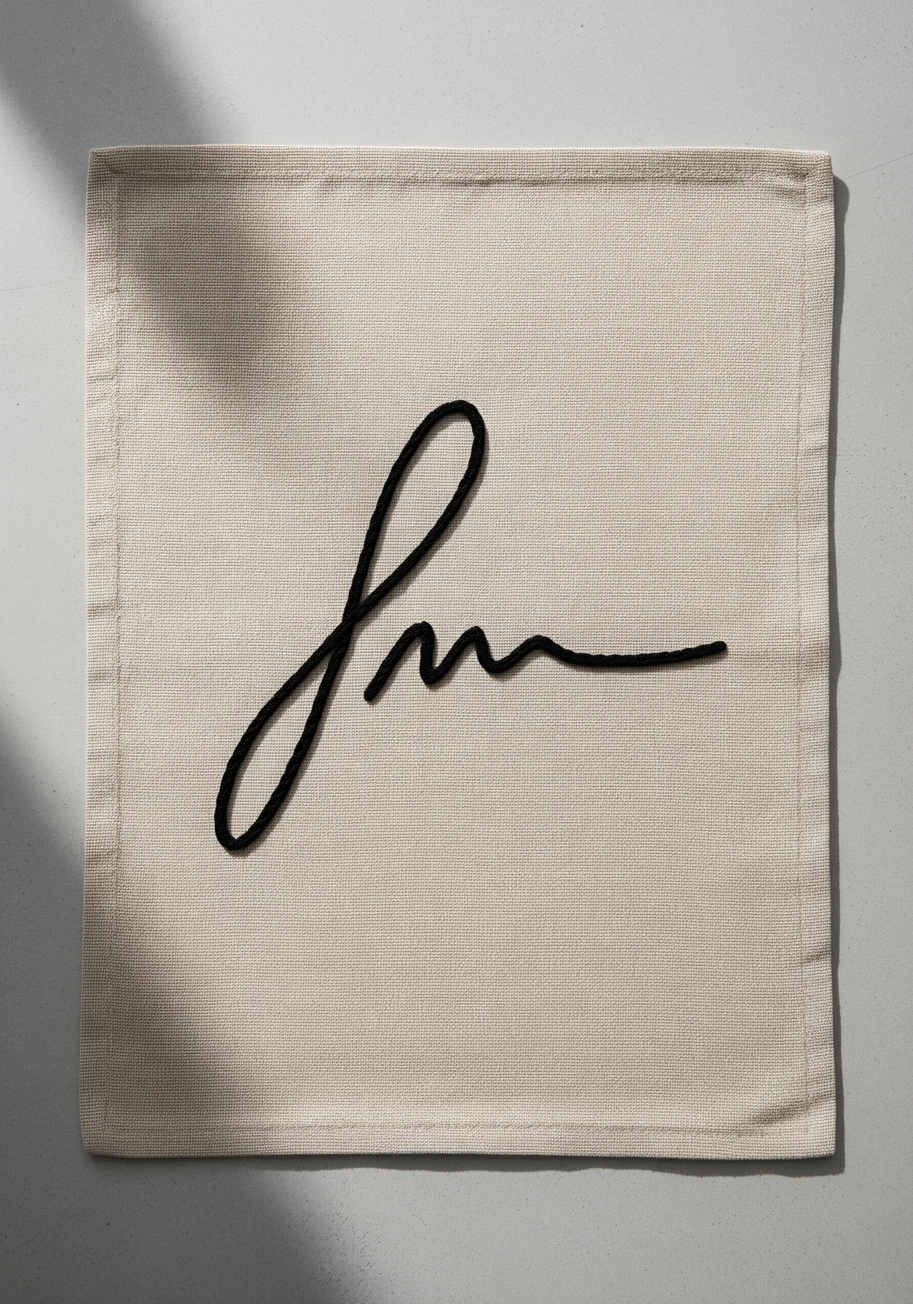A bold, sculptural monogram made from thick black yarn couched onto a neutral linen placemat.