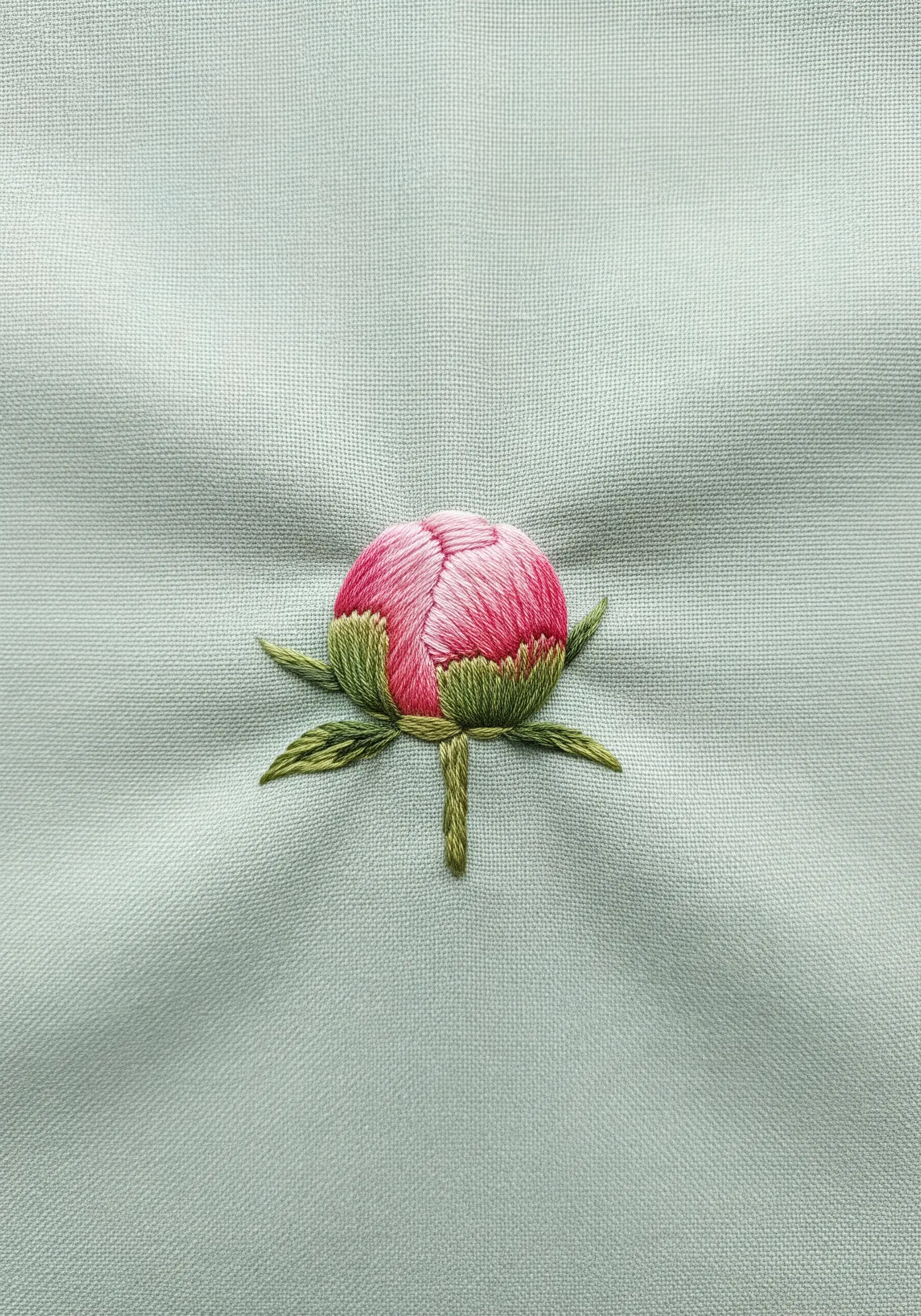 A realistic pink and green peony bud embroidered with curved satin stitches for a 3D effect.