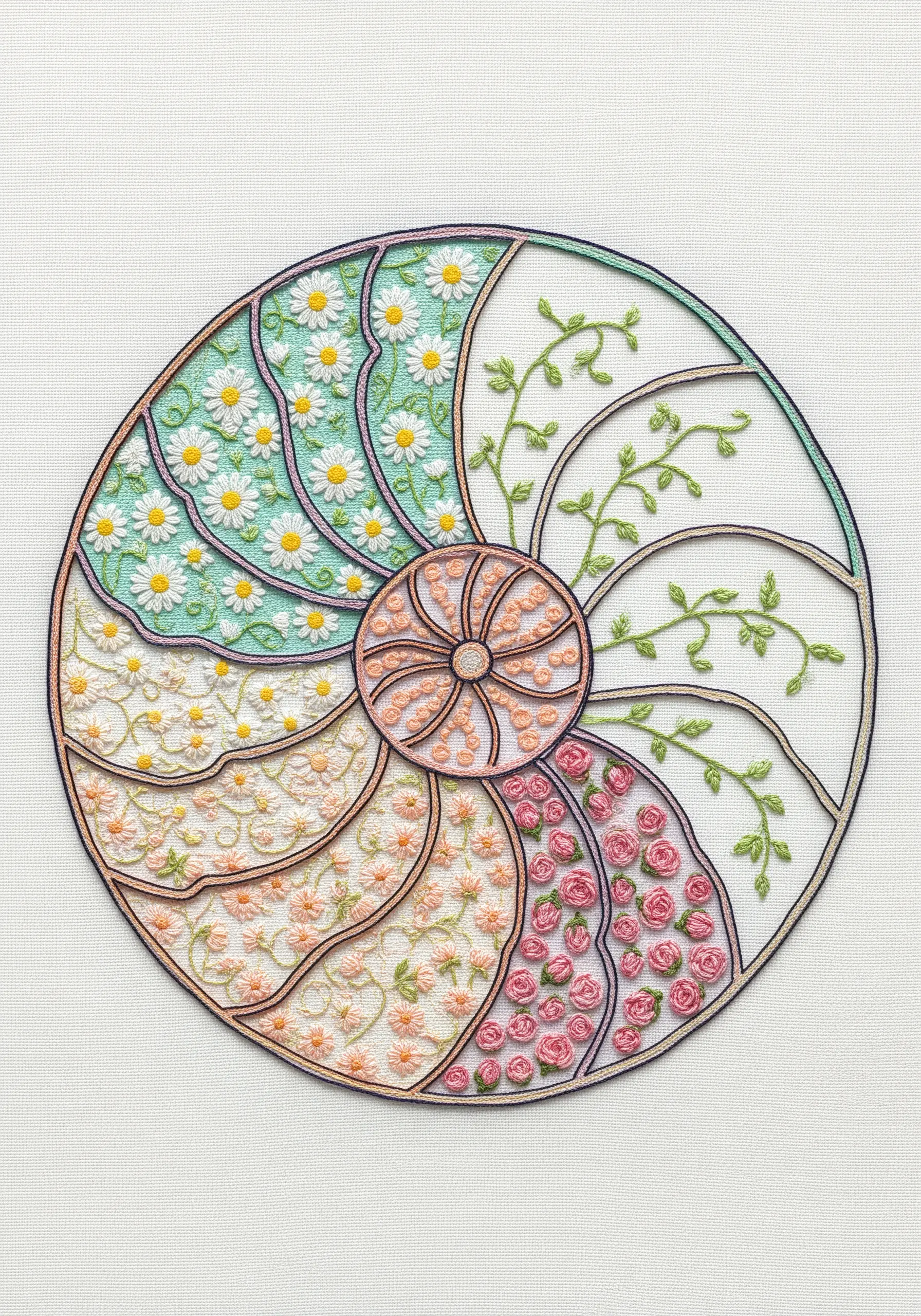 A circular seashell motif divided into sections, each filled with a different floral stitch pattern.