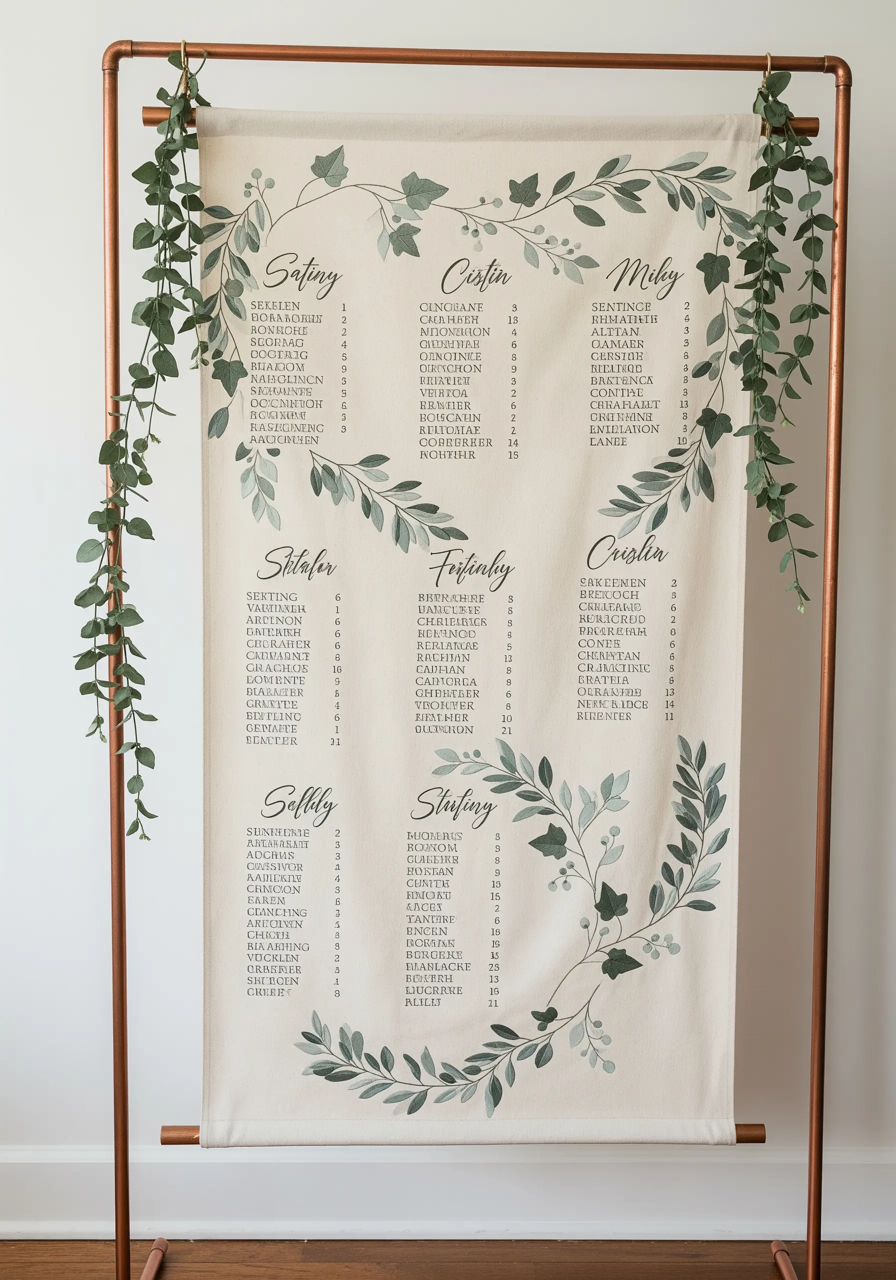 A wedding seating chart banner framed with an embroidered garland of eucalyptus leaves.