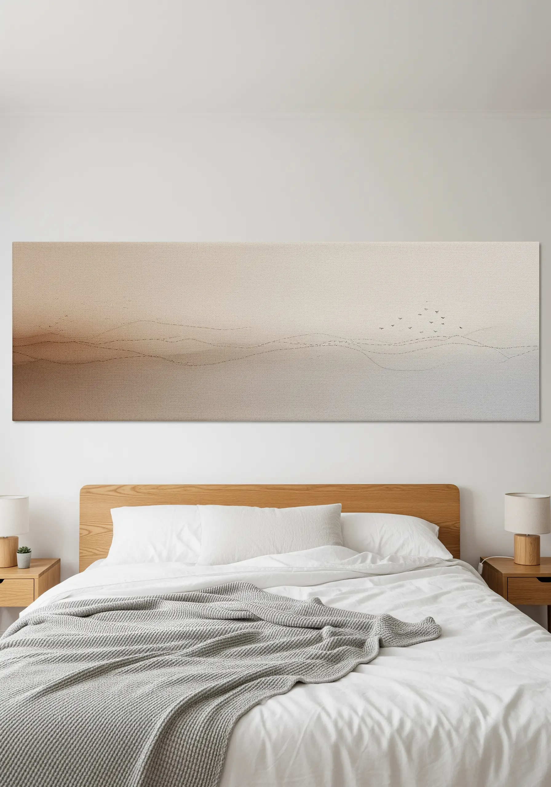 A wide, panoramic embroidery with a very subtle beige-to-grey gradient and minimal detail.