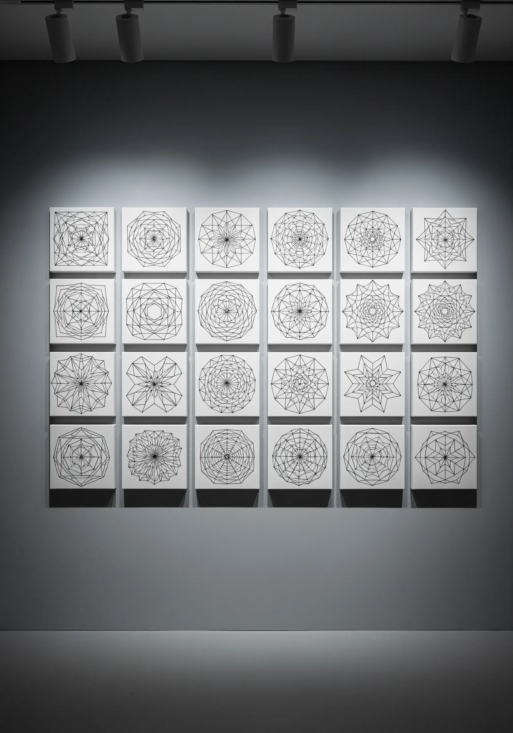 Grid of white canvases with black geometric web patterns