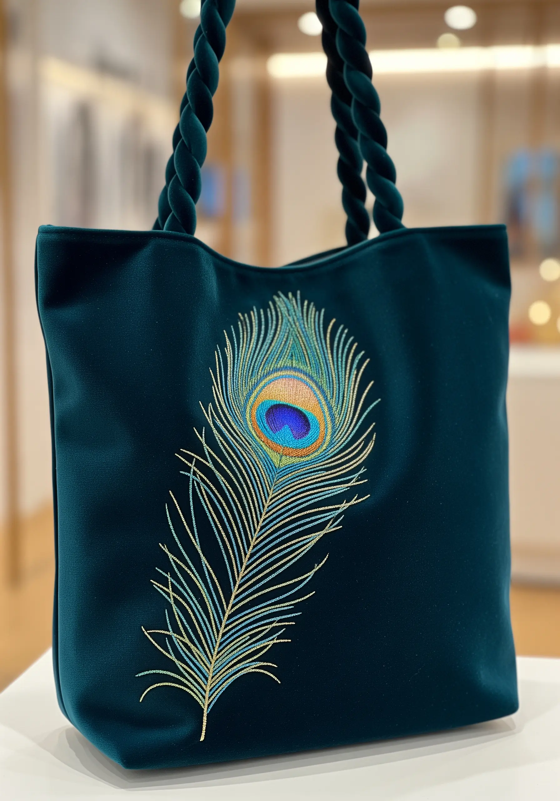 A single, elegant peacock feather embroidered with metallic and blue threads on a teal velvet tote.