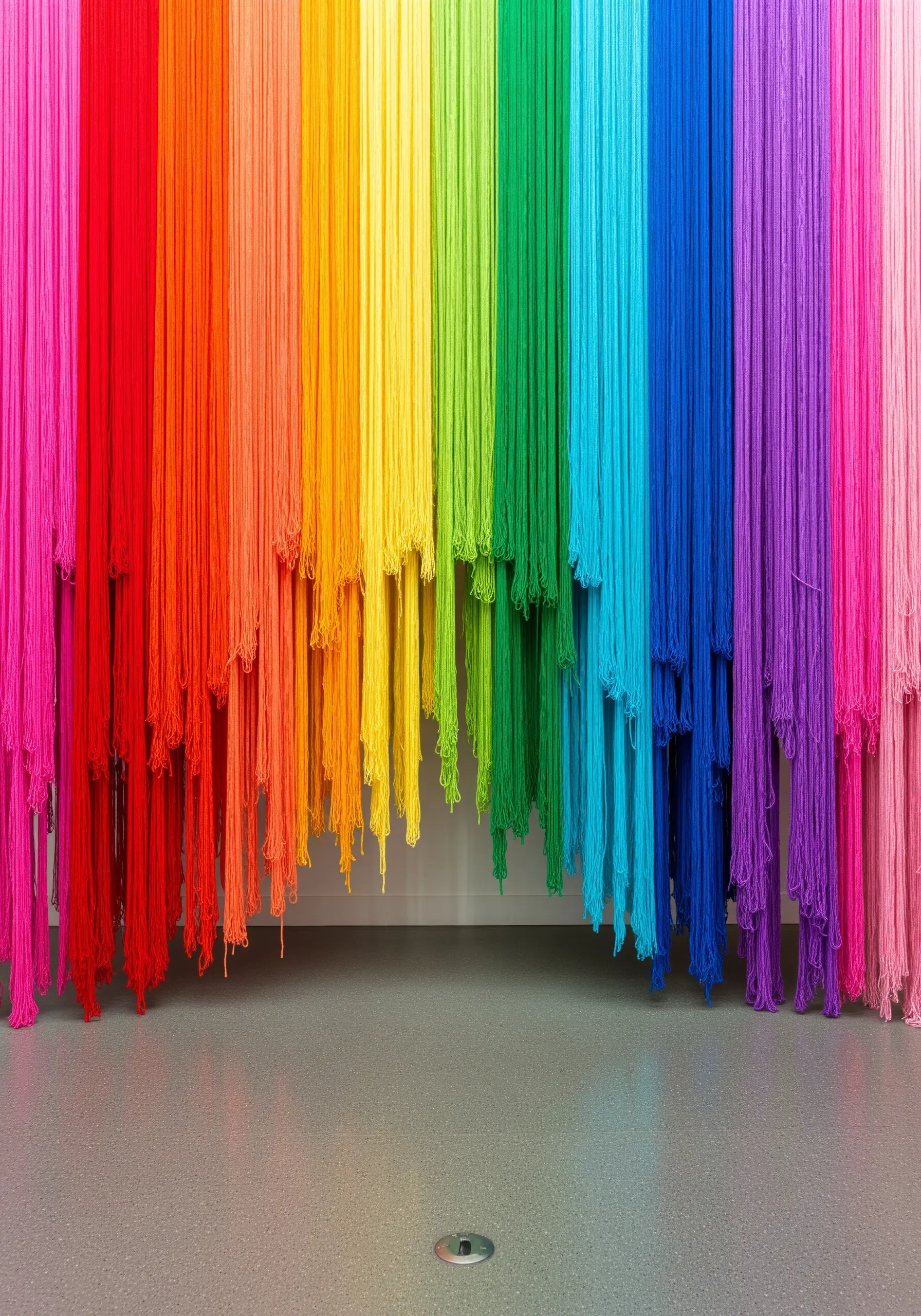 A wall of yarn hanging from the ceiling in a perfectly organized, vibrant rainbow gradient.