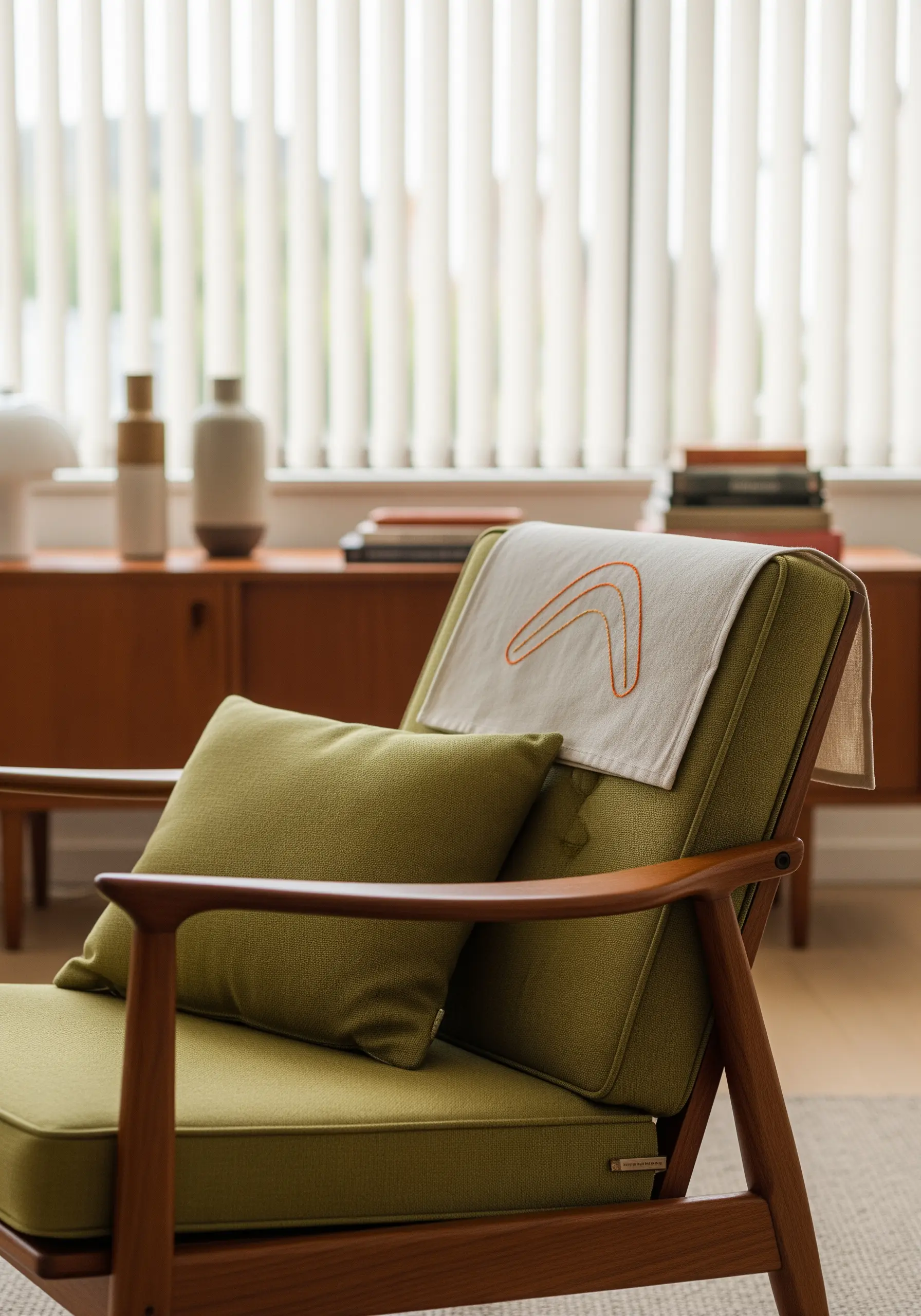 A single boomerang shape embroidered in orange thread on a linen cloth draped over a chair.