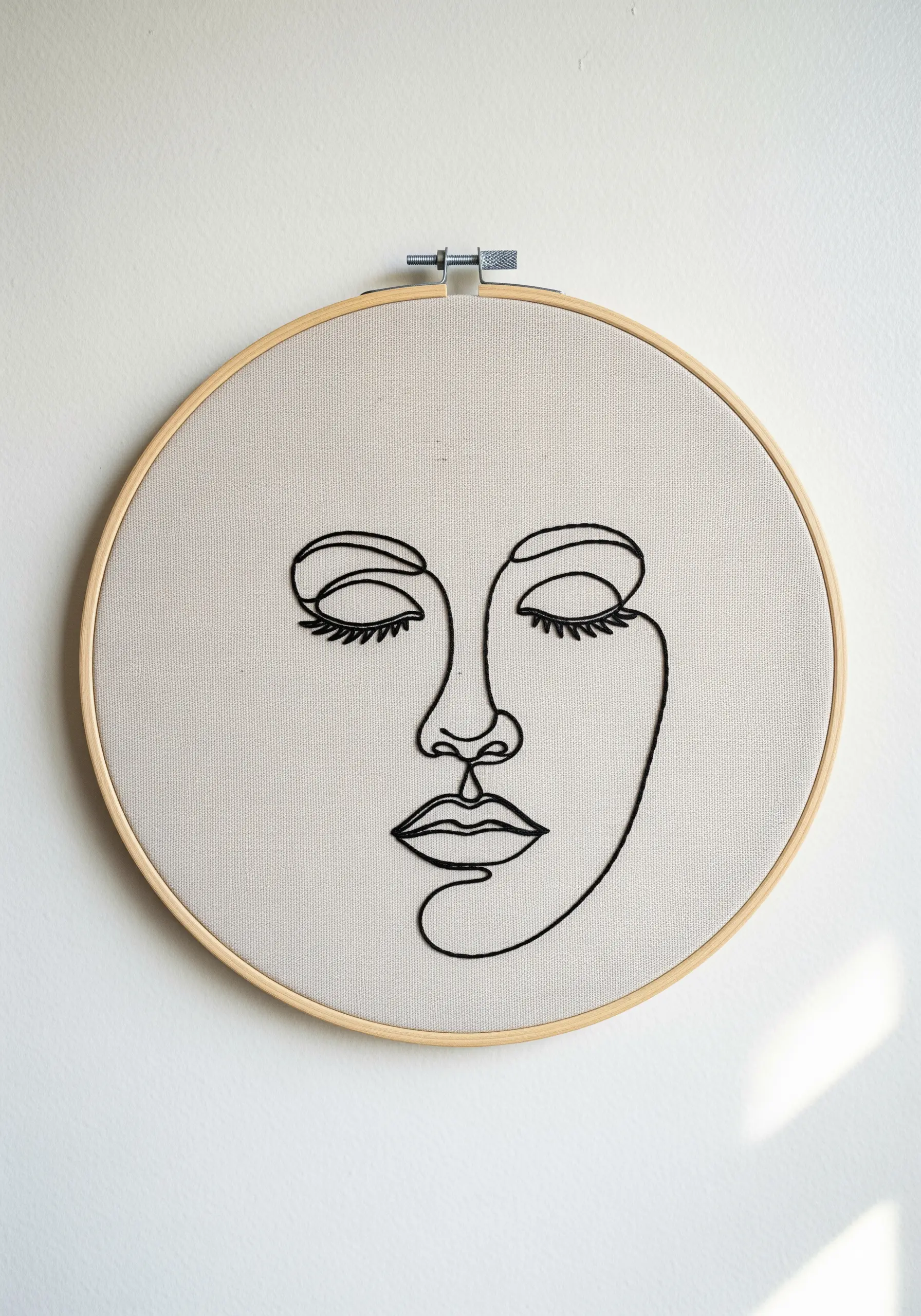 Minimalist face with closed eyes embroidered in a single continuous black line on neutral fabric.