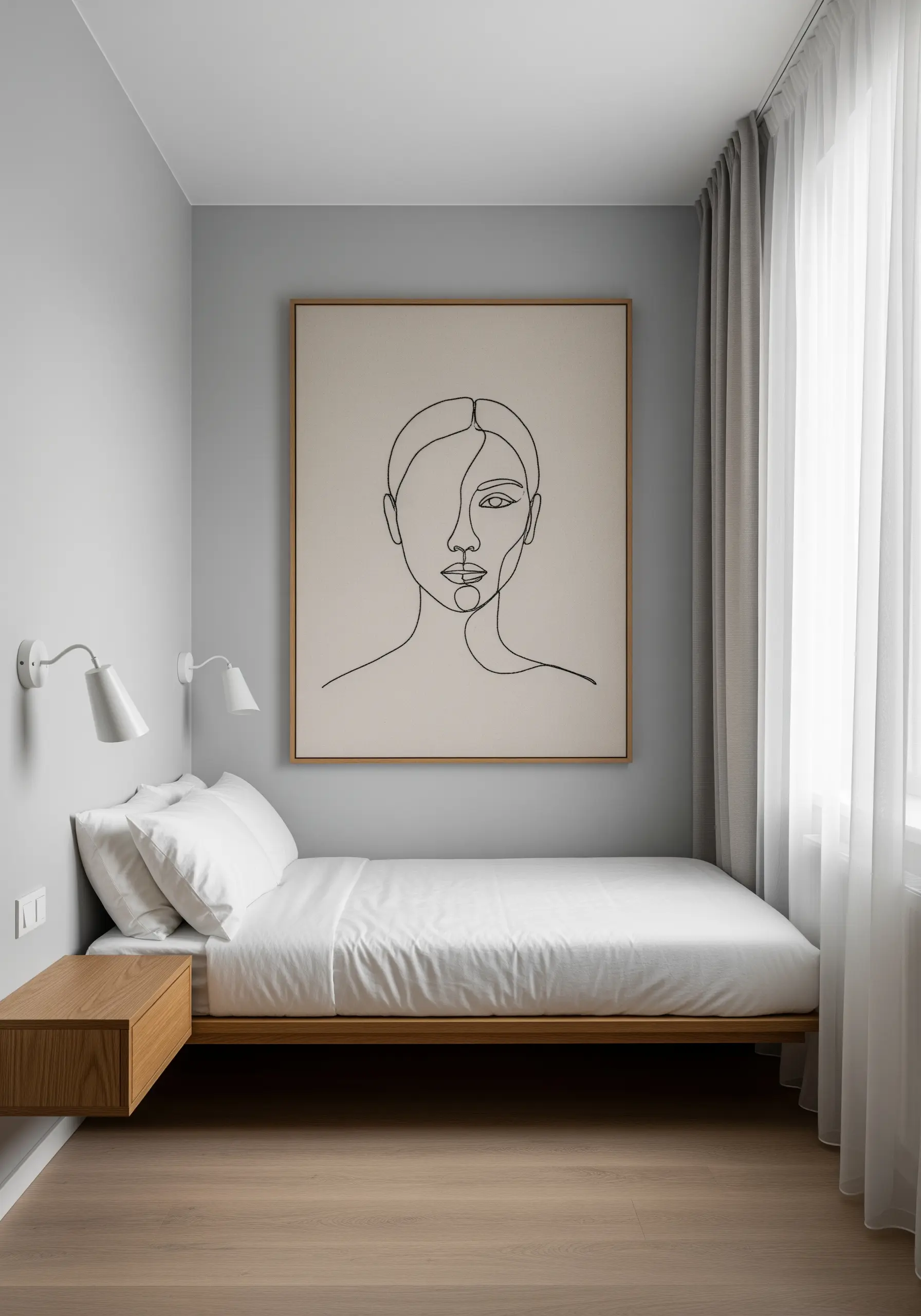 Large framed canvas with a single-line art embroidered face above a bed.