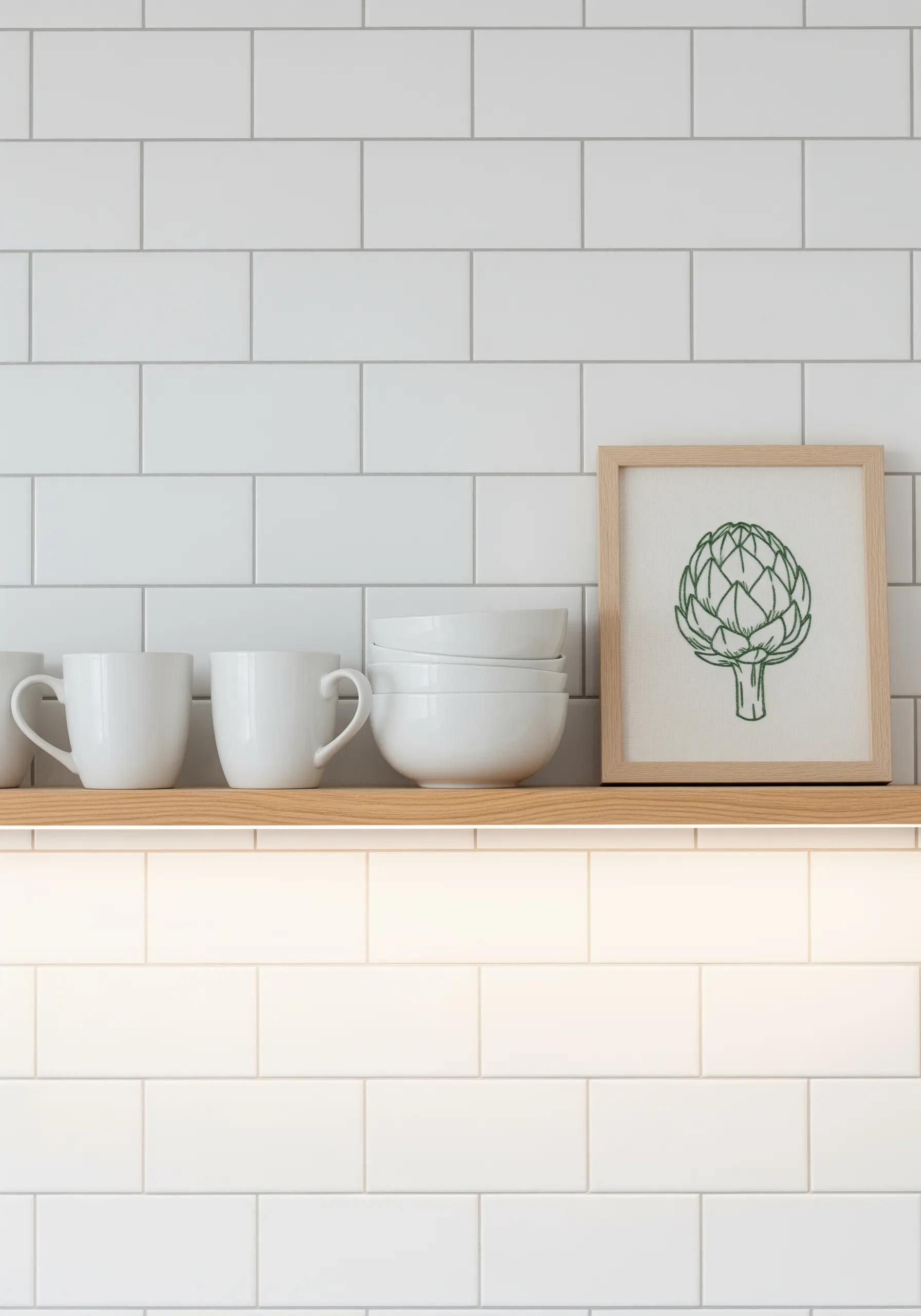 A framed embroidery of a single green artichoke outline on a neutral fabric background.