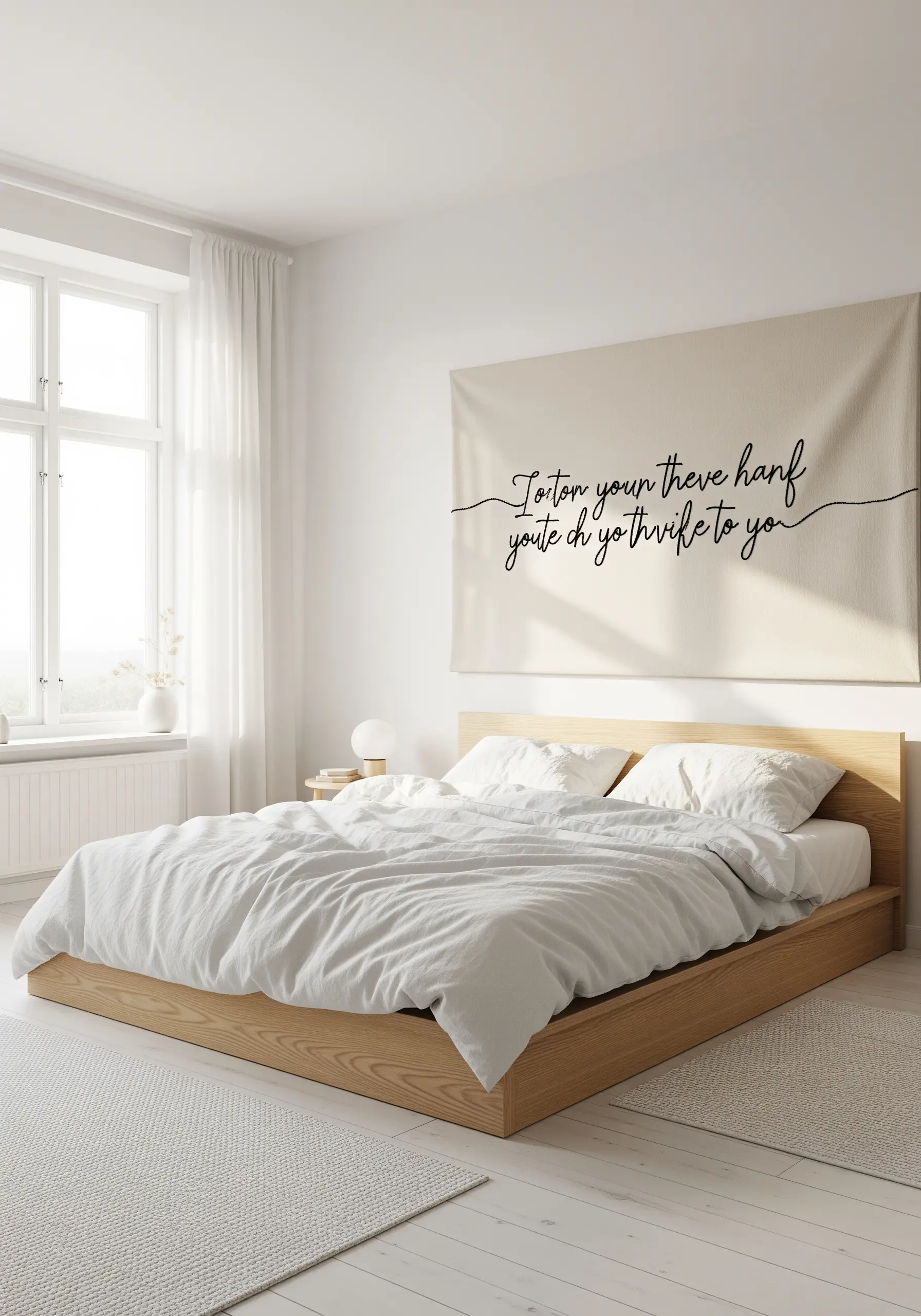 Minimalist single-line cursive script embroidered on a large canvas wall hanging.