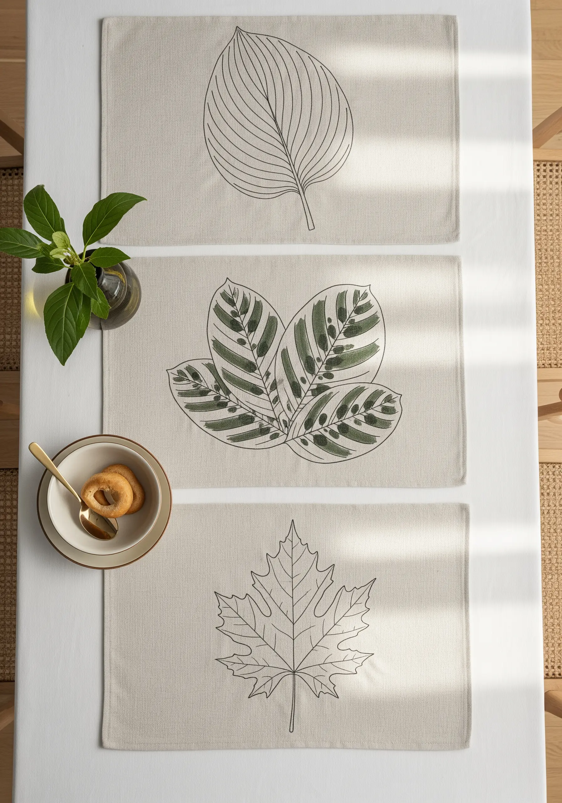 Three placemats with different leaf designs, one combining outline with a seeded stitch fill.