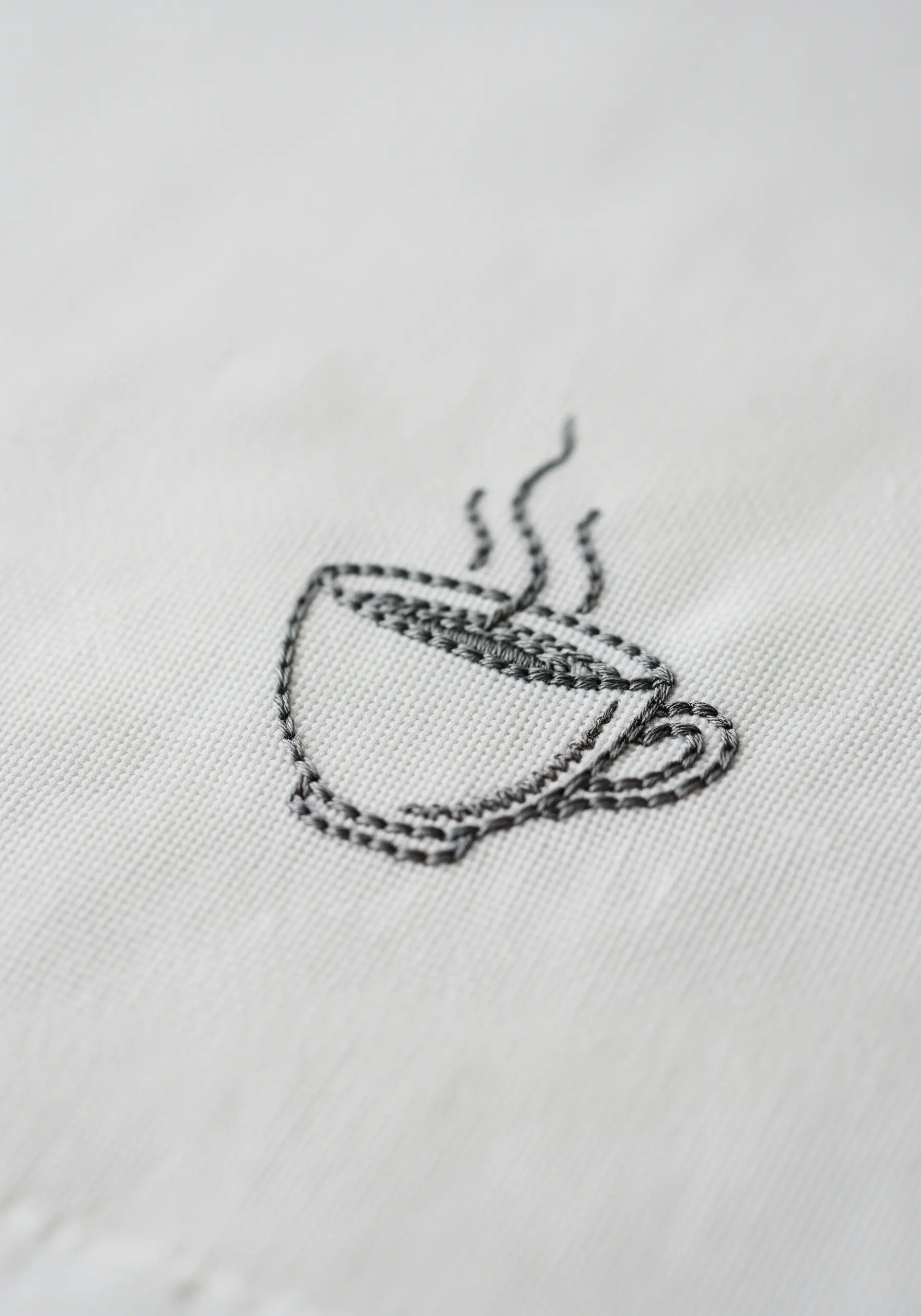 A coffee cup embroidered in a sketchy style using variegated grey thread on white fabric.