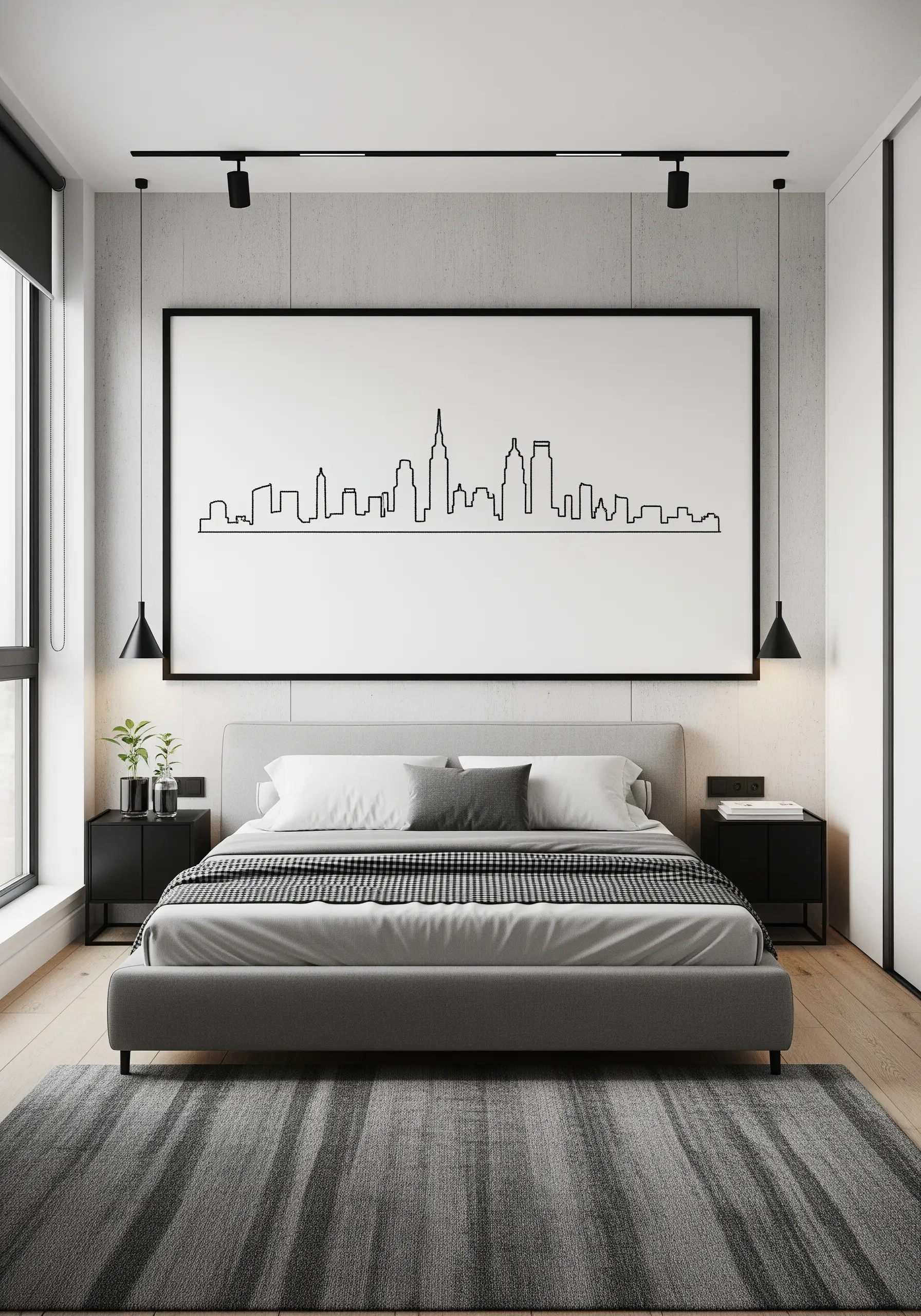 A large, wide canvas with a minimalist black-thread embroidery of a city skyline.