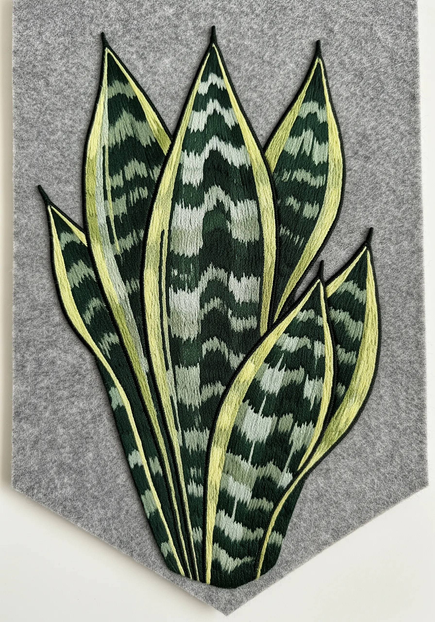 Embroidery of a Snake Plant with green and white variegated patterns on a grey felt banner.