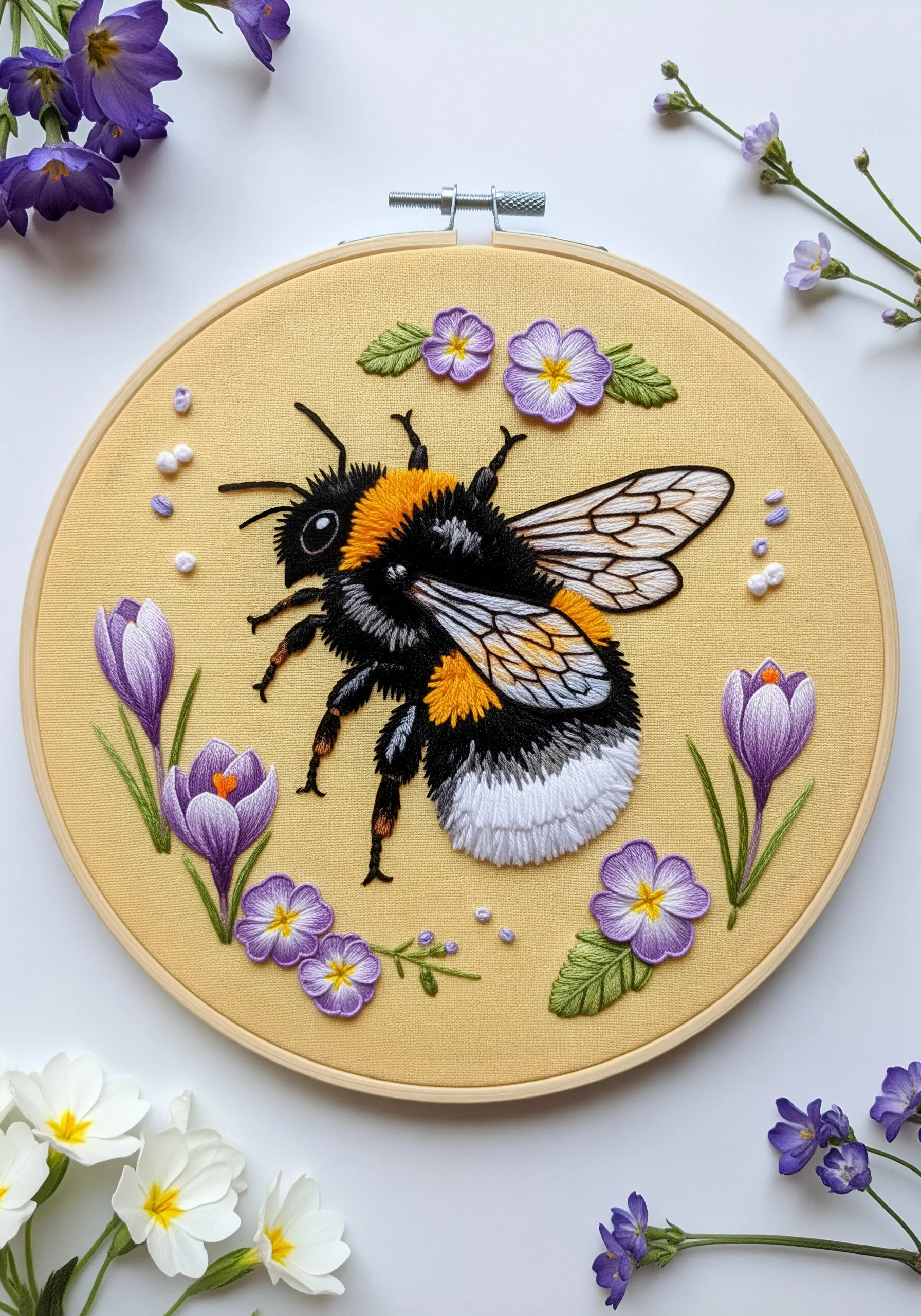 A fluffy, 3D embroidered bumblebee with textured body, surrounded by purple crocuses.