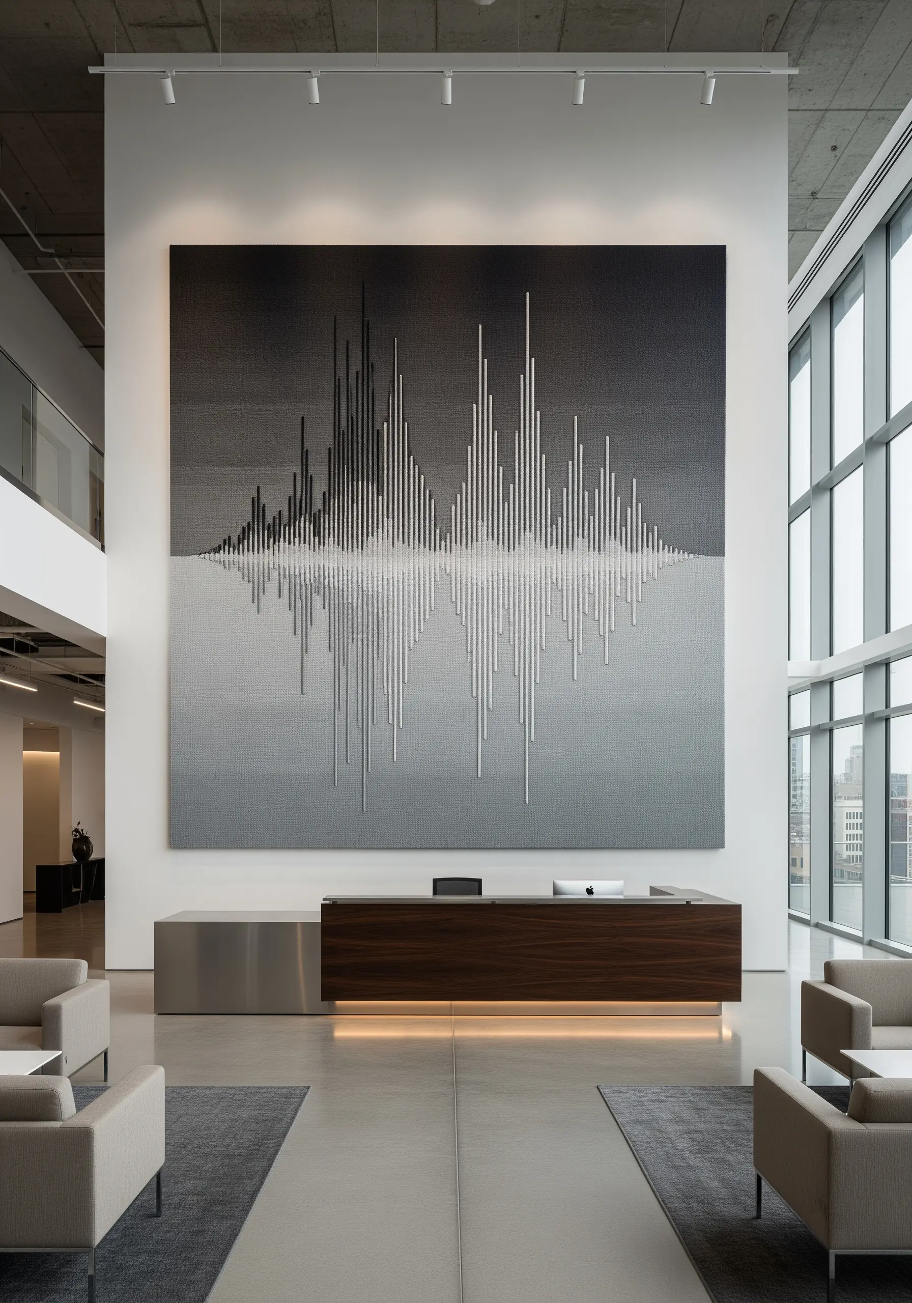 A massive black-and-white gradient embroidery depicting a soundwave and its reflection.