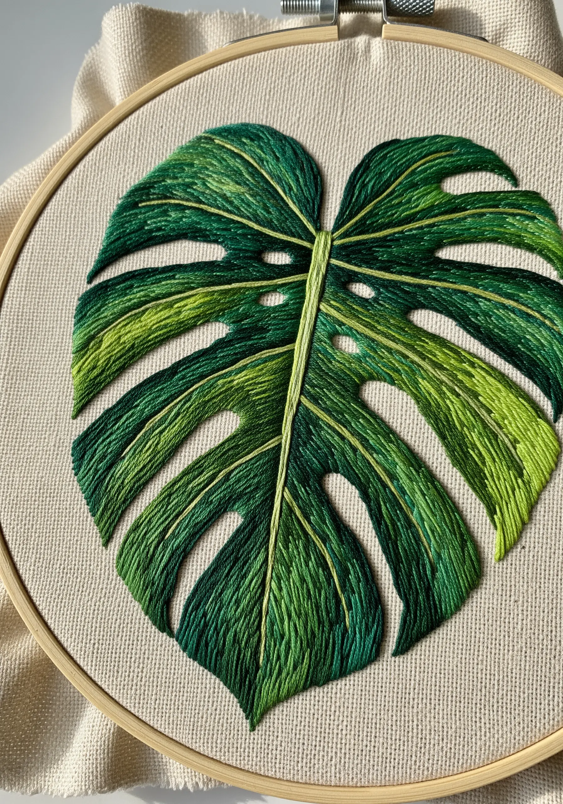 A detailed embroidery of a Monstera leaf with green color gradients on natural linen fabric.