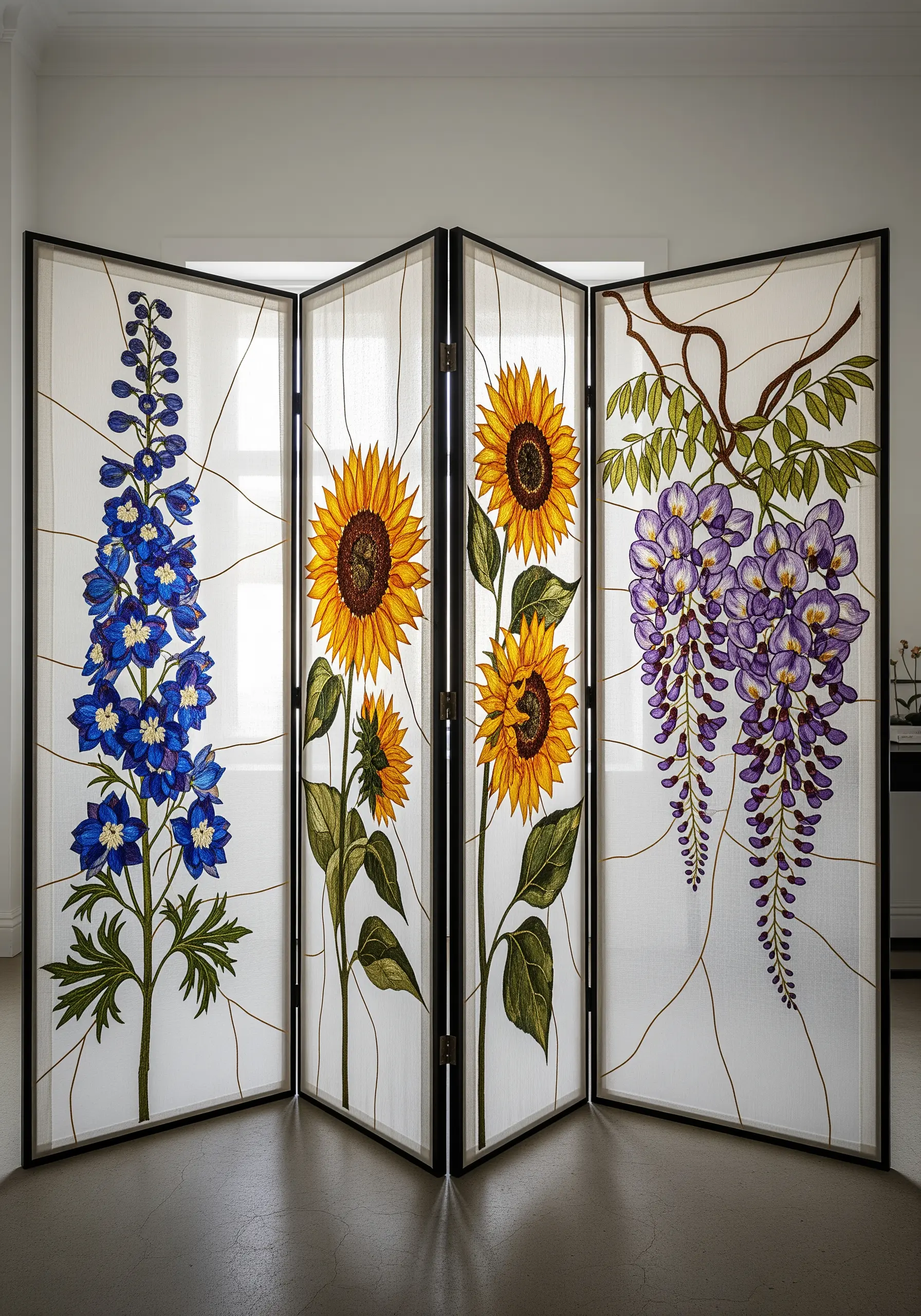 A four-panel room divider with large, stained-glass-style embroidered flowers on each panel.